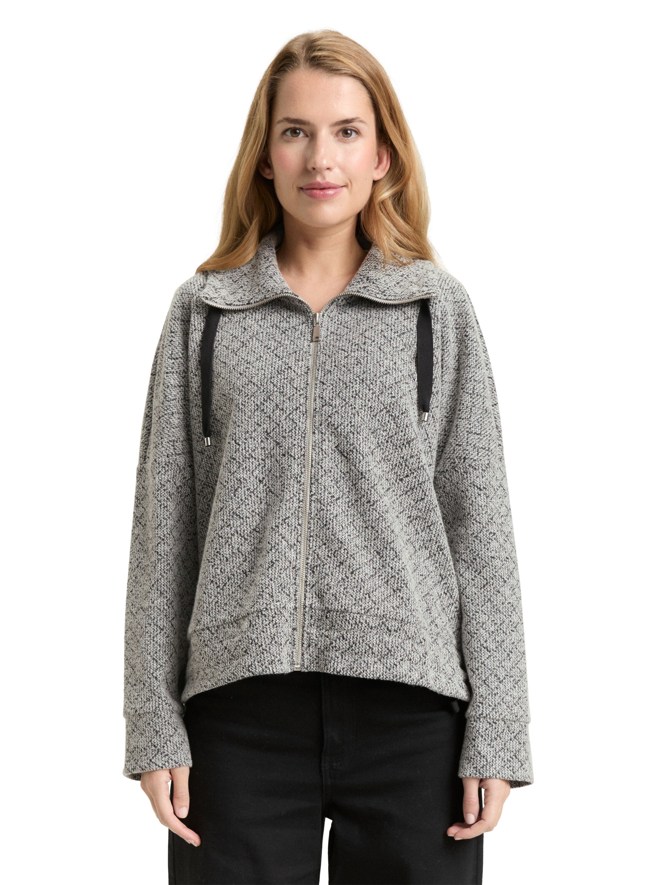 Strukturierte Sweatshirtjacke Damen Stehkragen Kordelzug Baumwoll-Mix