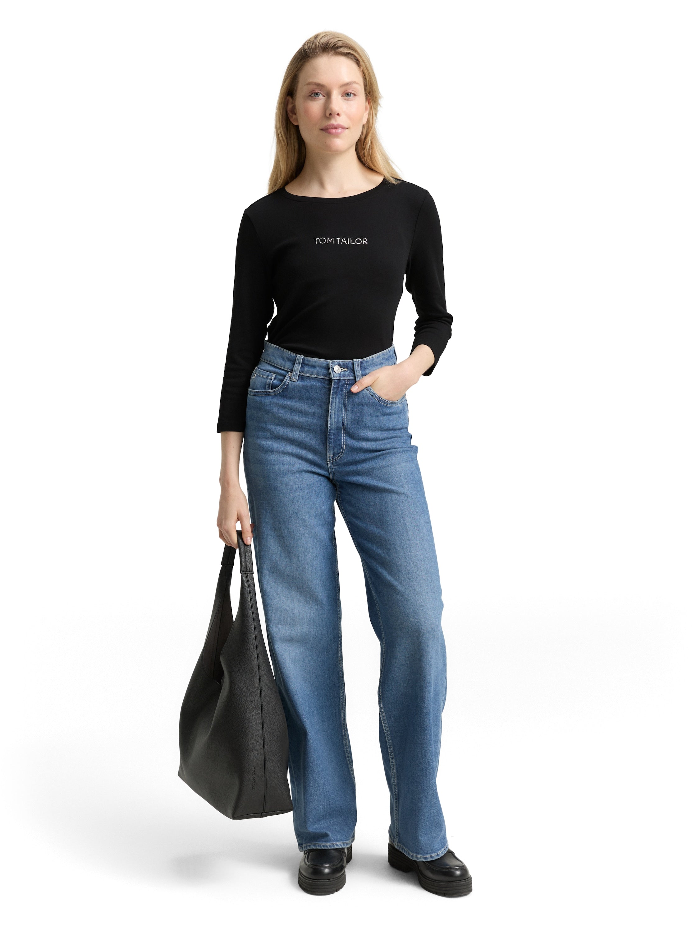 Tom Tailor Denim Female Longsleeve 3/4-Arm Strasssteinen Baumwolle Stretch