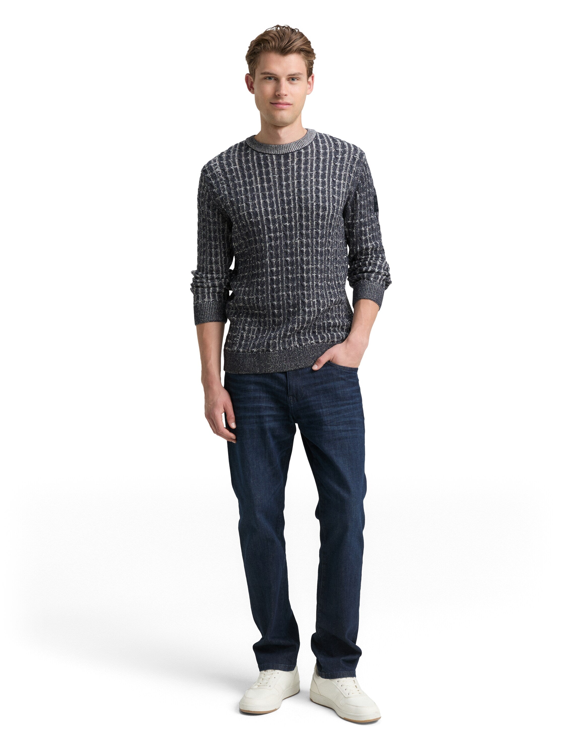 Tom Tailor Denim Herren Pullover Zopfmuster Logo-Badge