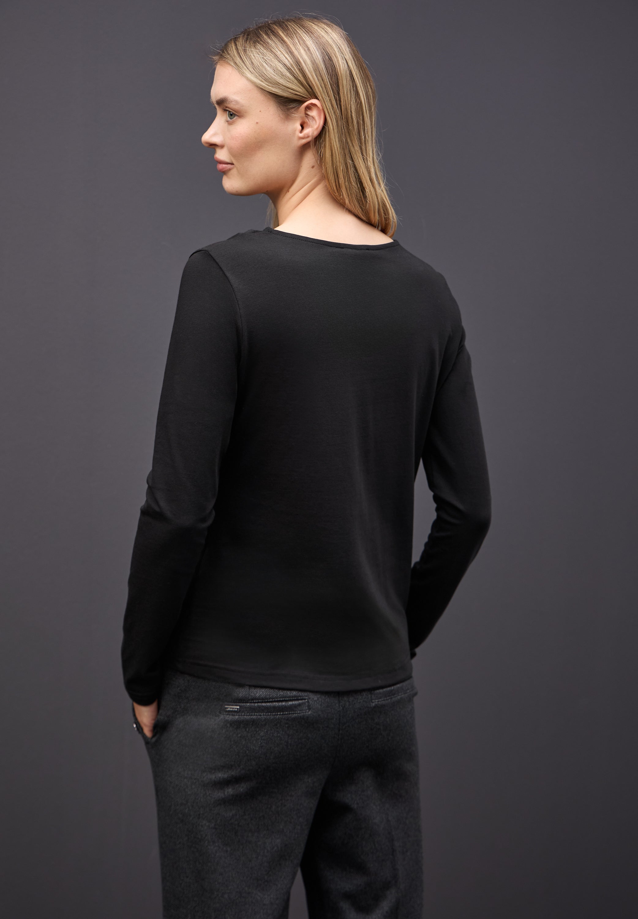 Street One Damen Langarmshirt mit Mesh-Einsatz Rundhalsausschnitt Baumwolle Elasthan