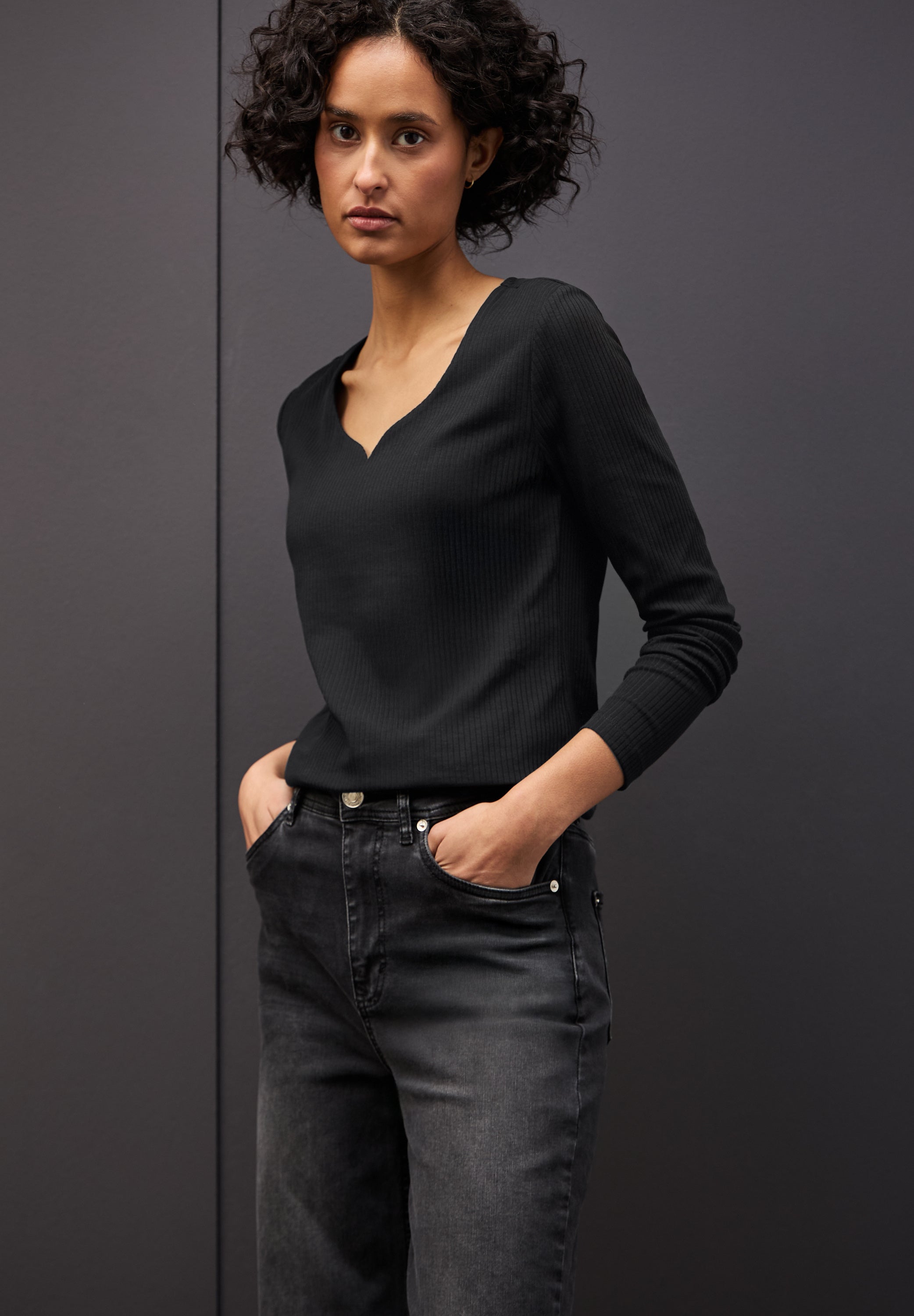 Street One Damen Langarmshirt Herzausschnitt Rippstruktur Baumwolle Elasthan