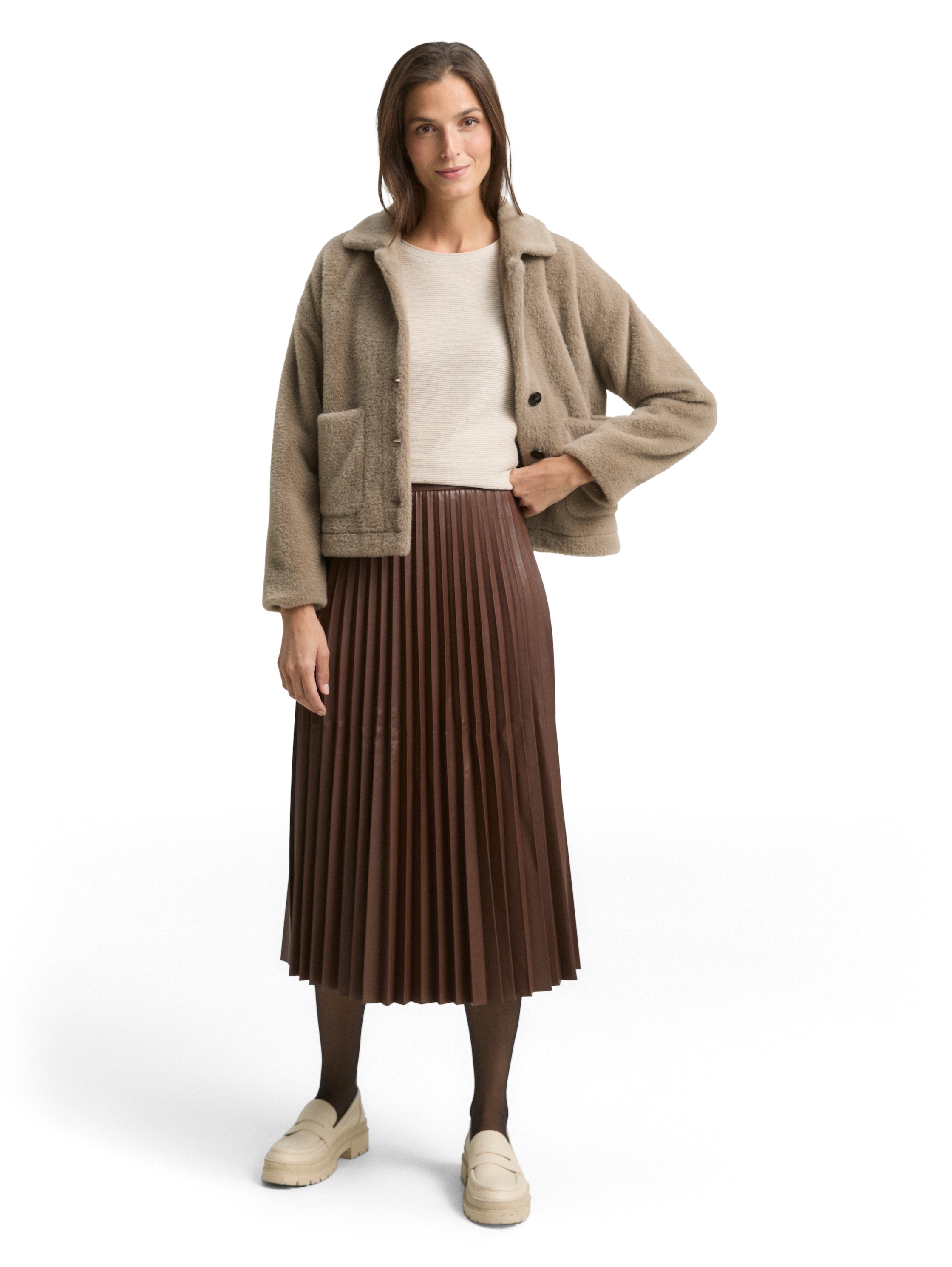 Tom Tailor Denim Female High Waist Midi-Rock aus Kunstleder mit Plissee-Falten