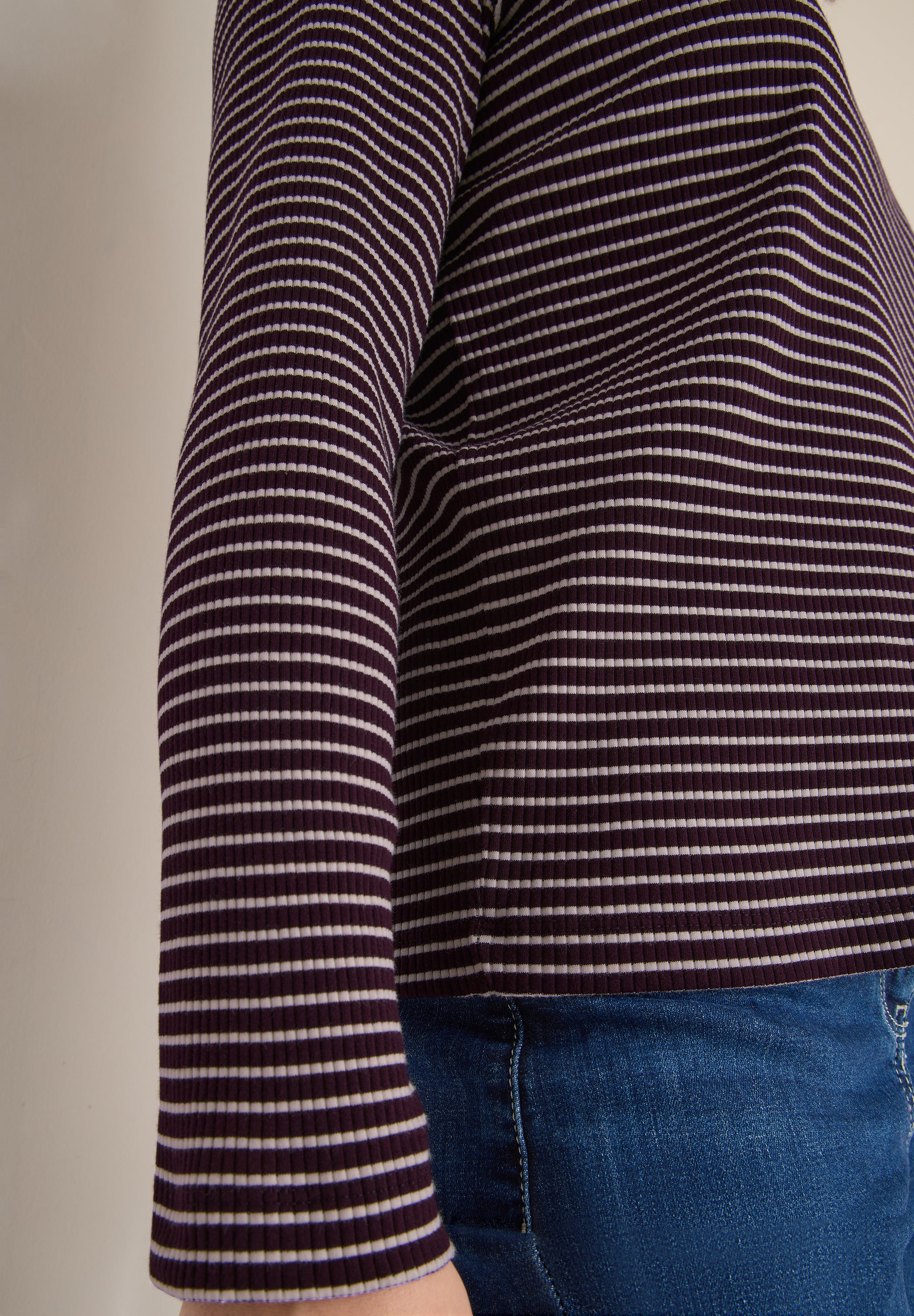 CECIL Damen Langarmshirt Gestreift U-Boot-Ausschnitt Rippstruktur Baumwolle Elasthan