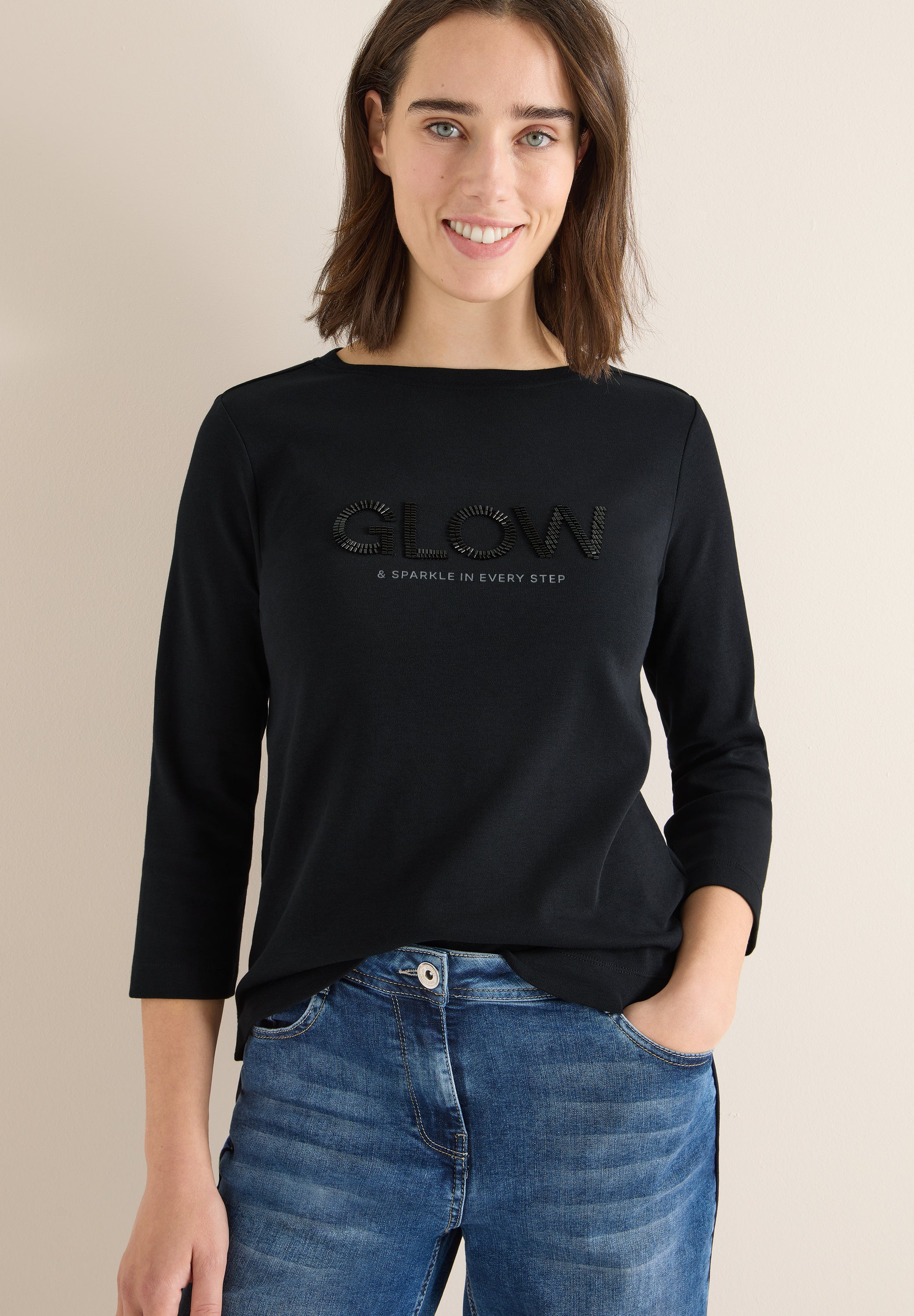 CECIL Damen Shirt U-Boot-Ausschnitt Baumwolle Seitliche Schlitze