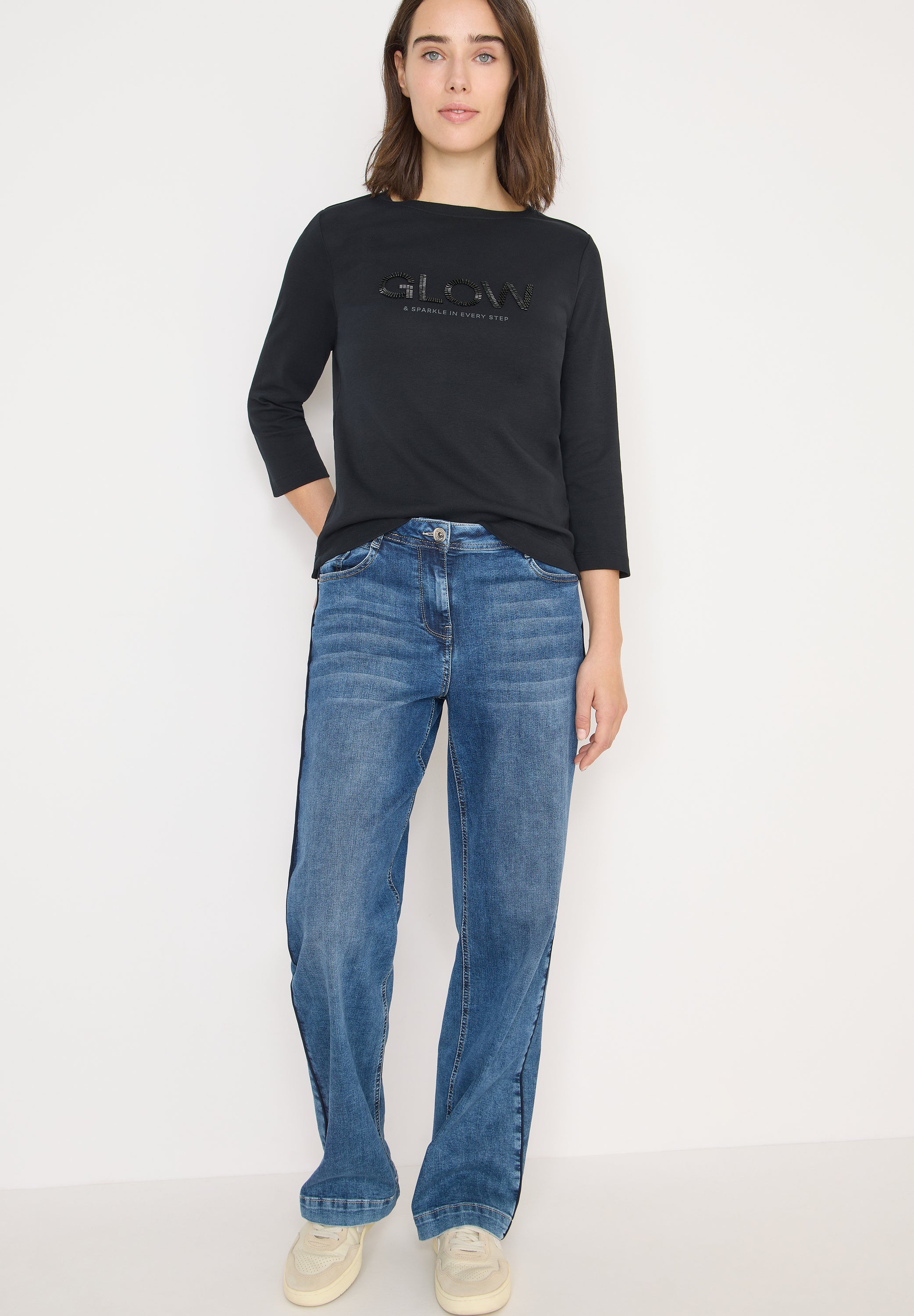 CECIL Damen Shirt U-Boot-Ausschnitt Baumwolle Seitliche Schlitze