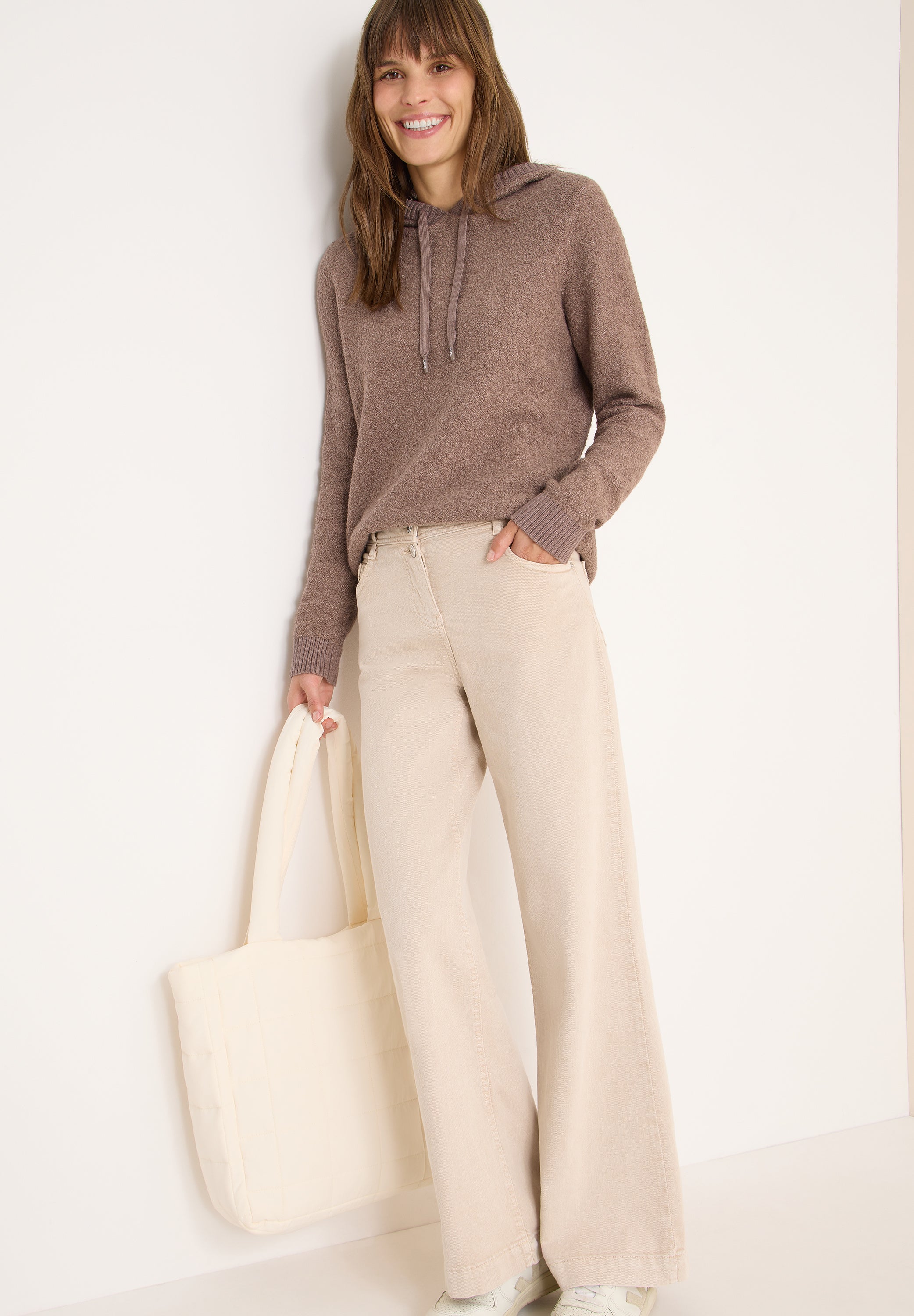 CECIL Damen Pullover Kapuze mit Tunnelzug Bouclé Strick