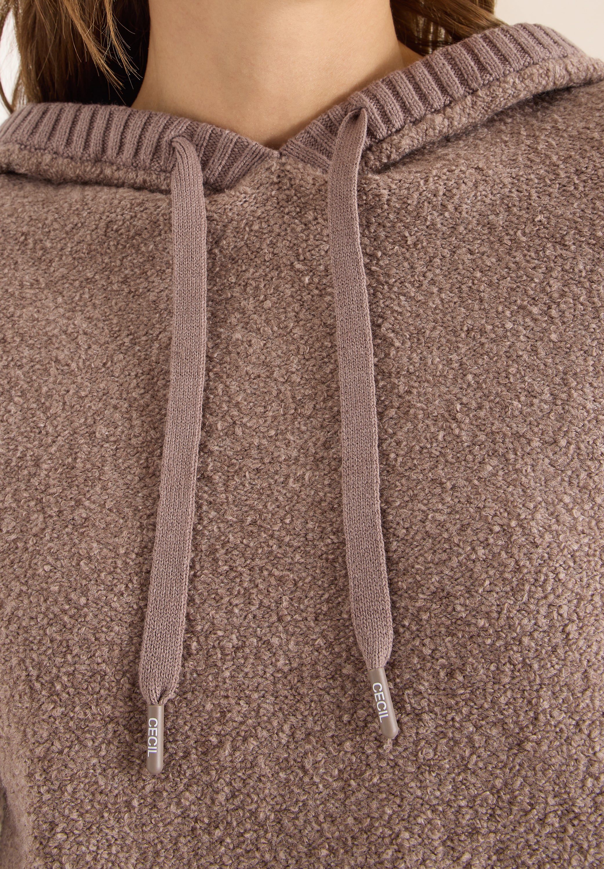 CECIL Damen Pullover Kapuze mit Tunnelzug Bouclé Strick