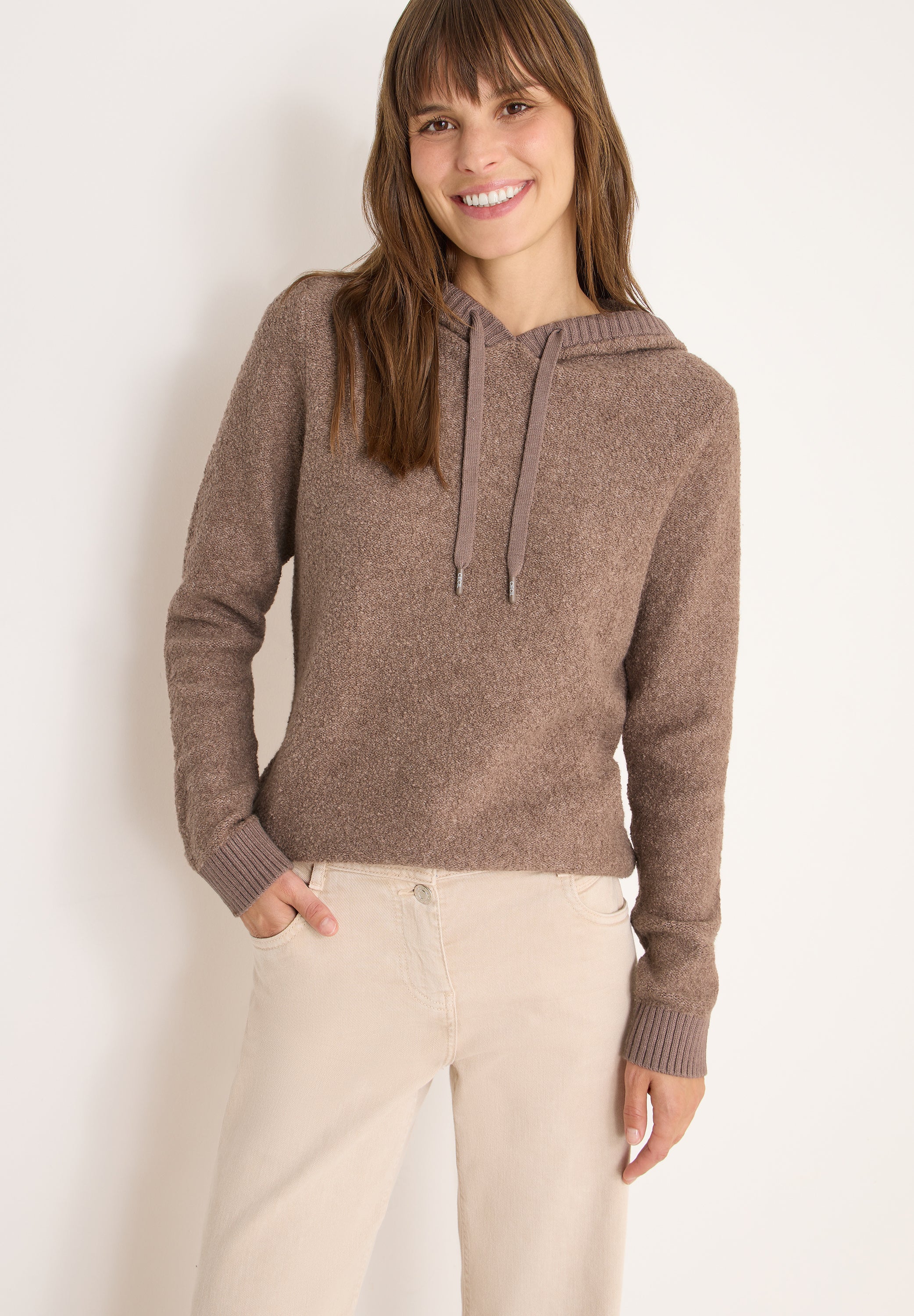 CECIL Damen Pullover Kapuze mit Tunnelzug Bouclé Strick
