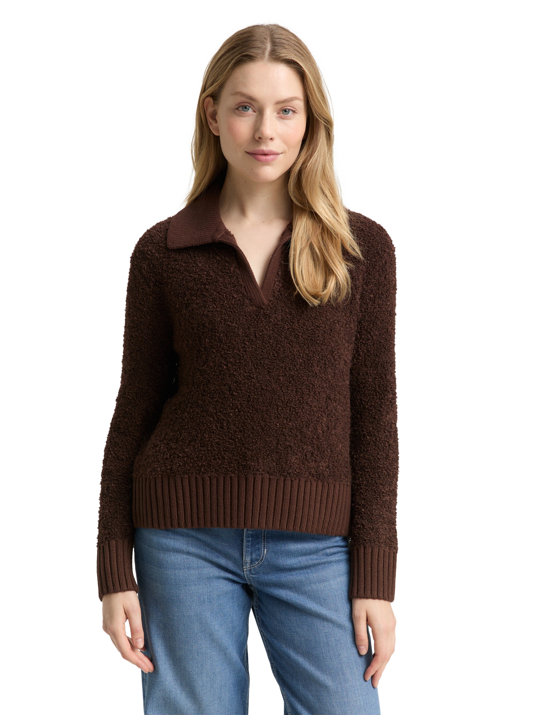 Bouclé Troyer-Pullover Damen Strick V-Ausschnitt
