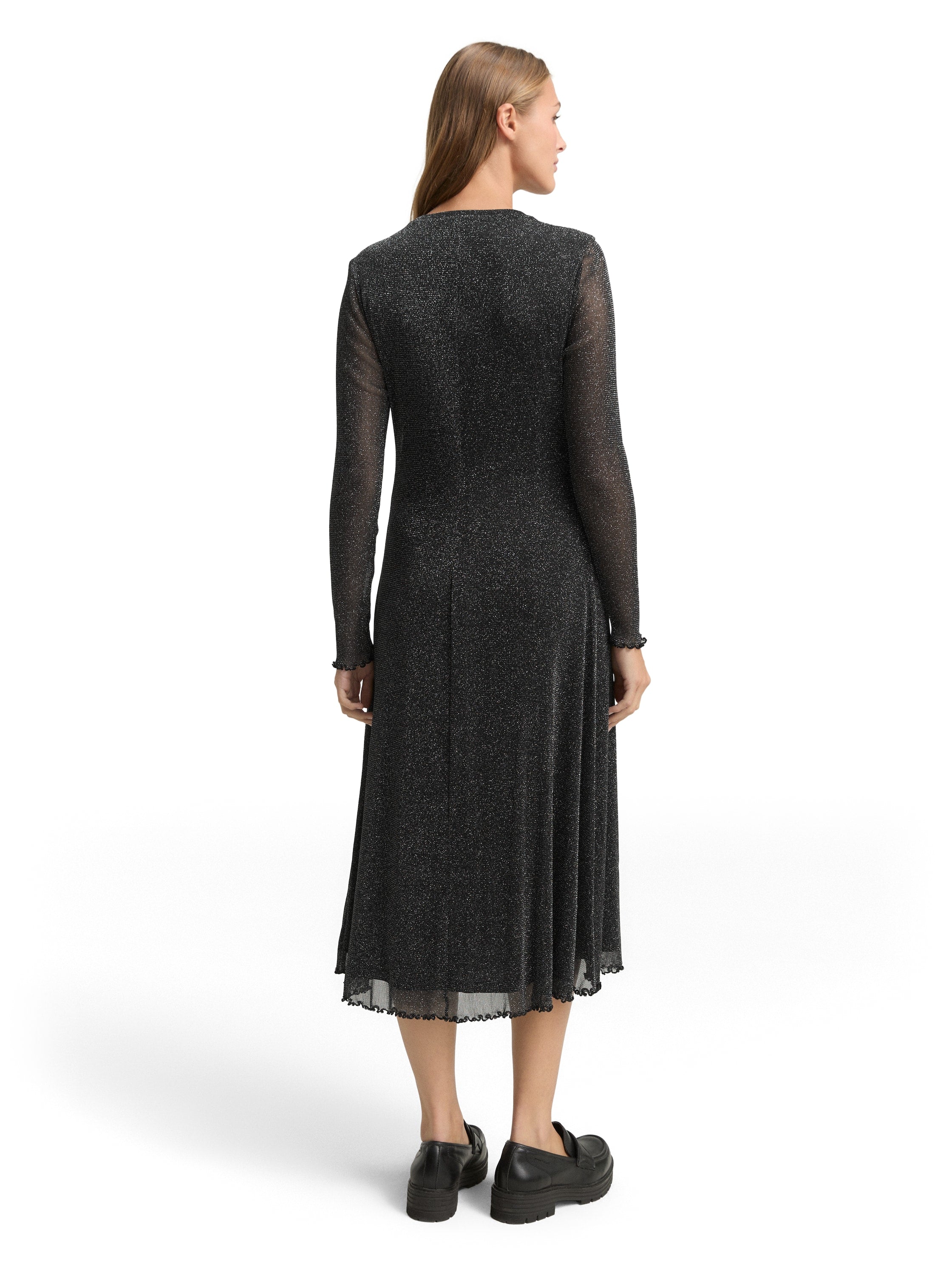 Midi-Kleid Damen Glitzer-Effekt Gewellter Saum Mesh-Stoff Metall