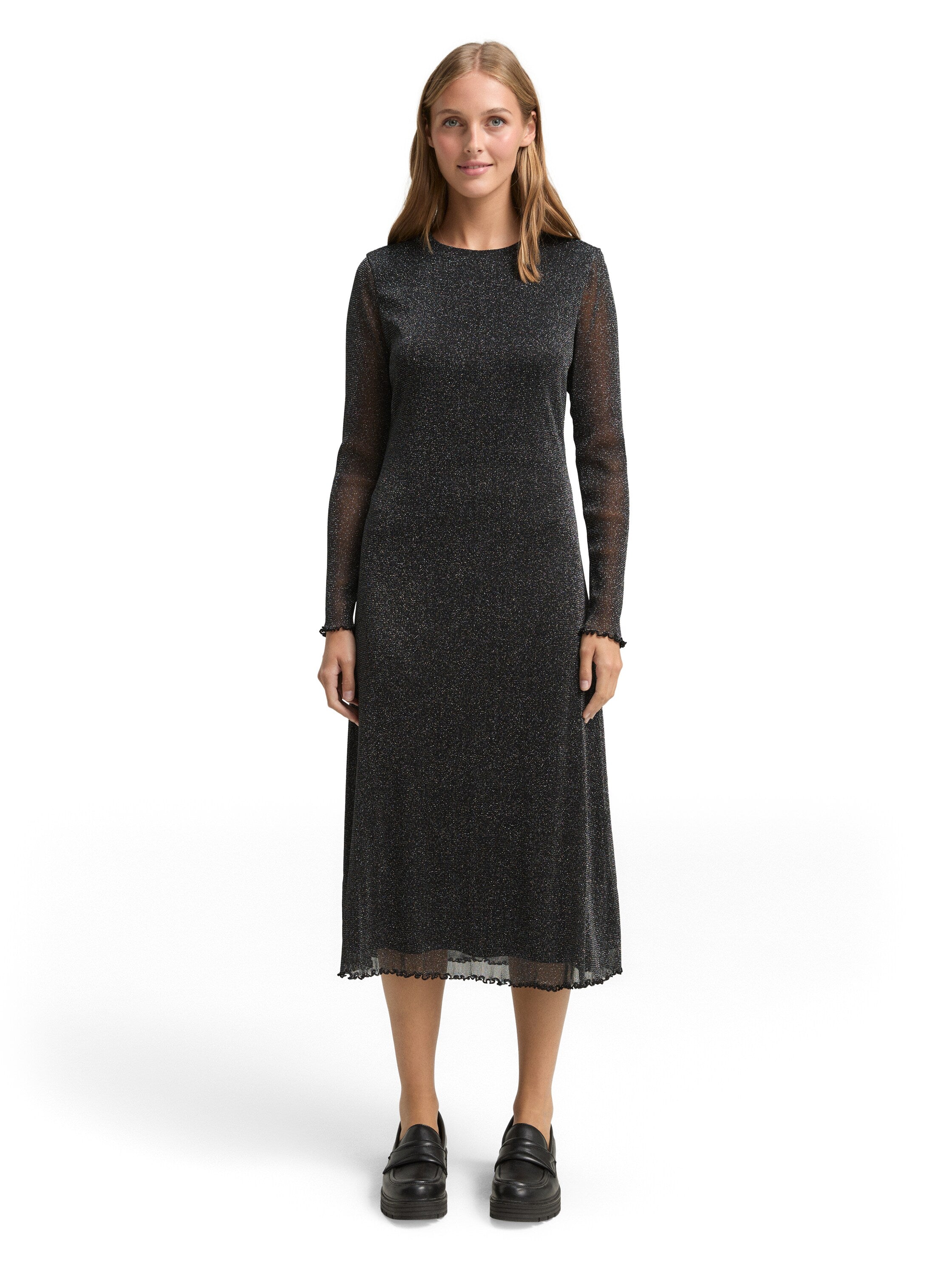 Midi-Kleid Damen Glitzer-Effekt Gewellter Saum Mesh-Stoff Metall