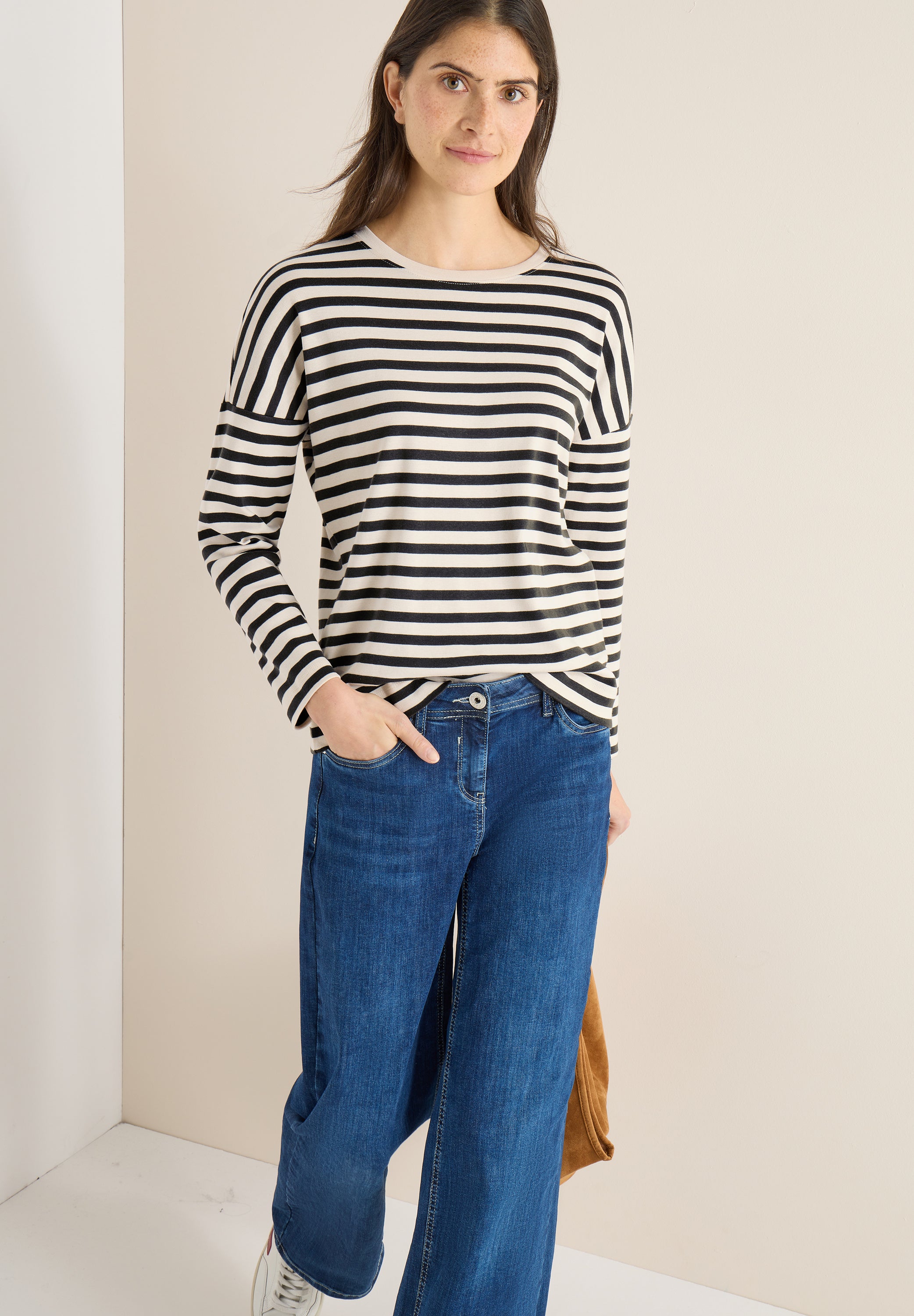 CECIL Damen Langarmshirt U-Boot-Ausschnitt Baumwolle Streifenmuster