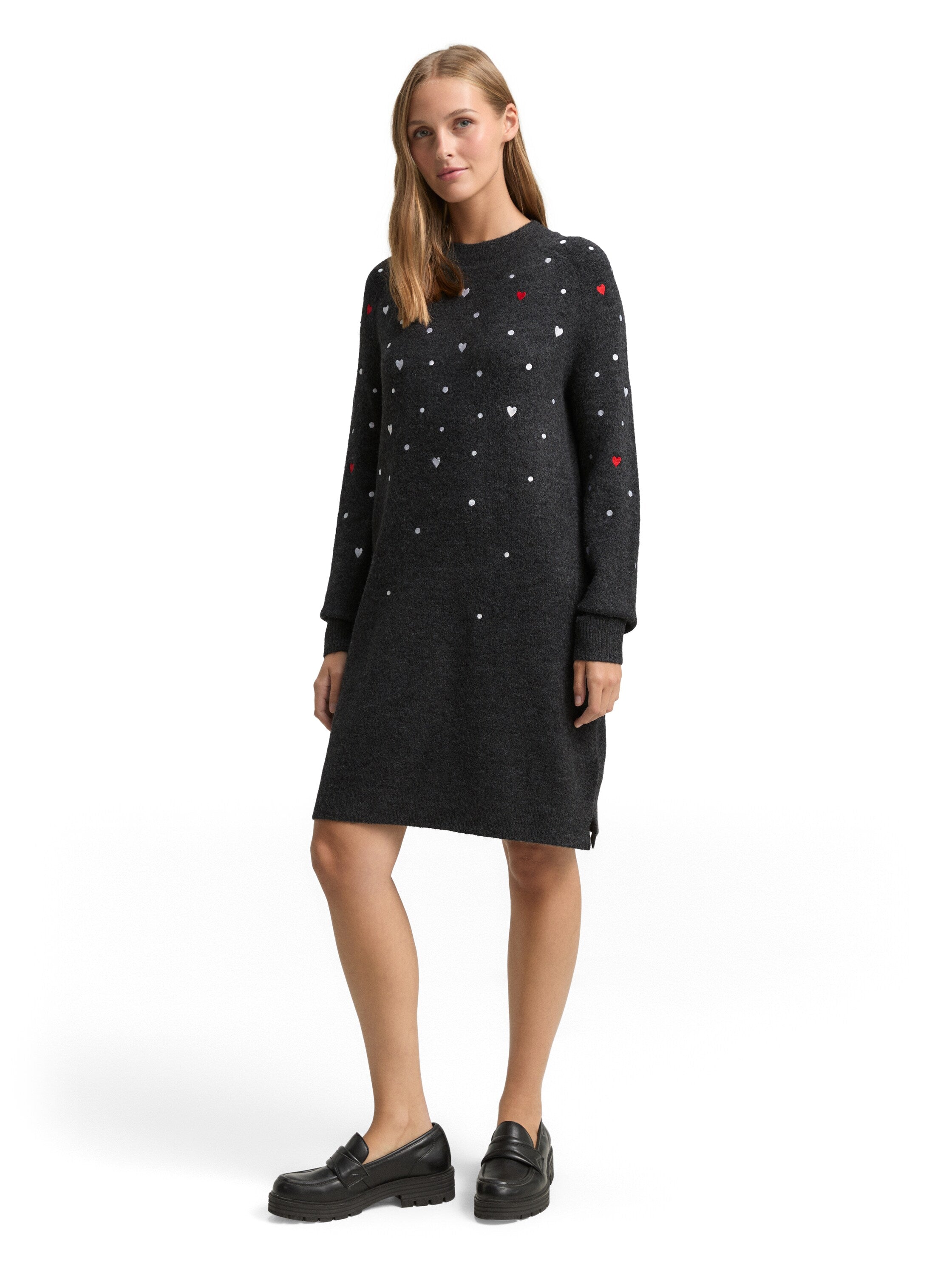 Kurzes Strickkleid Damen Kleid mit Herz-Stickereien Stehkragen