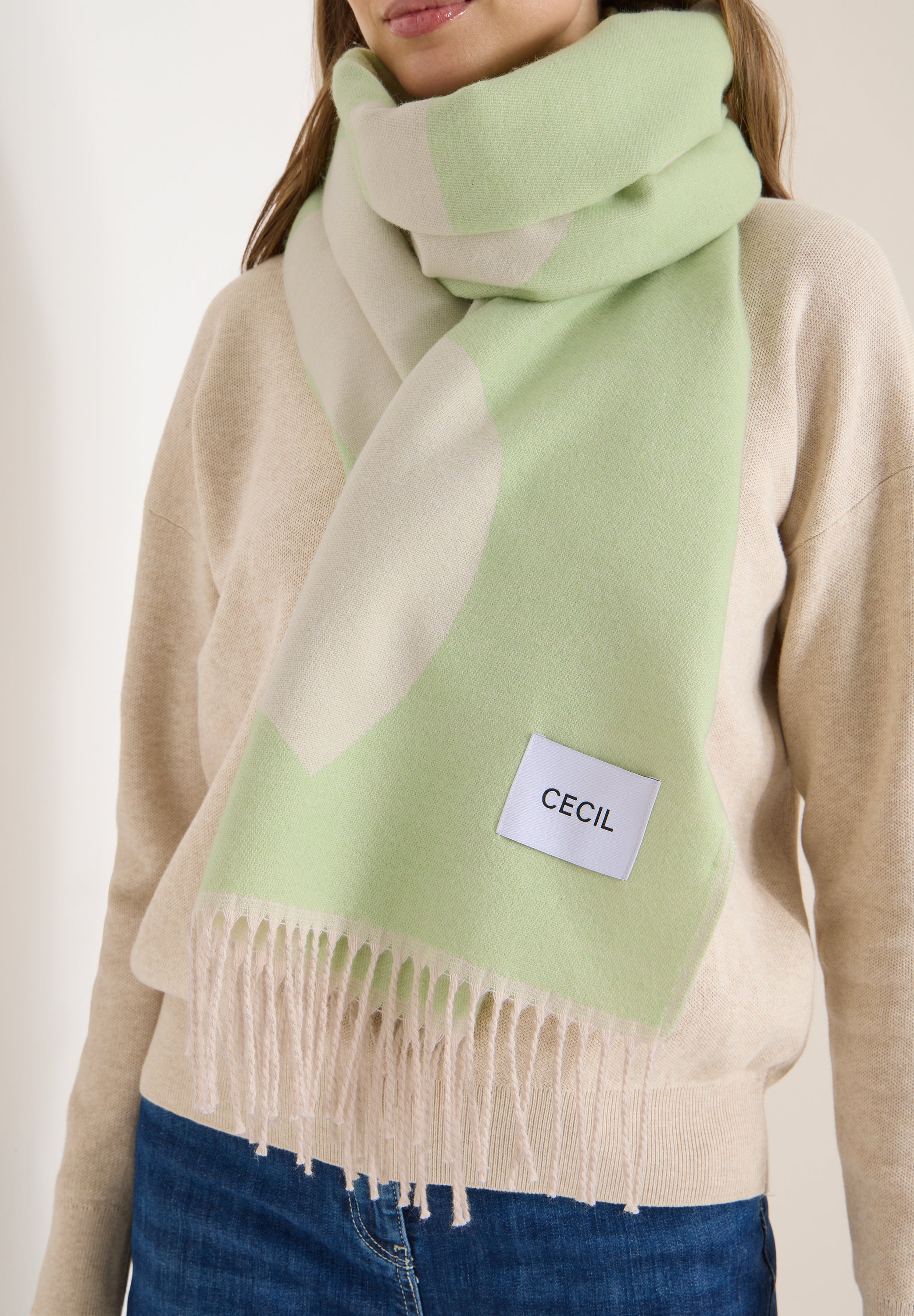 CECIL Damen Schal Wording Artwork Fransen Weich Gemütlich