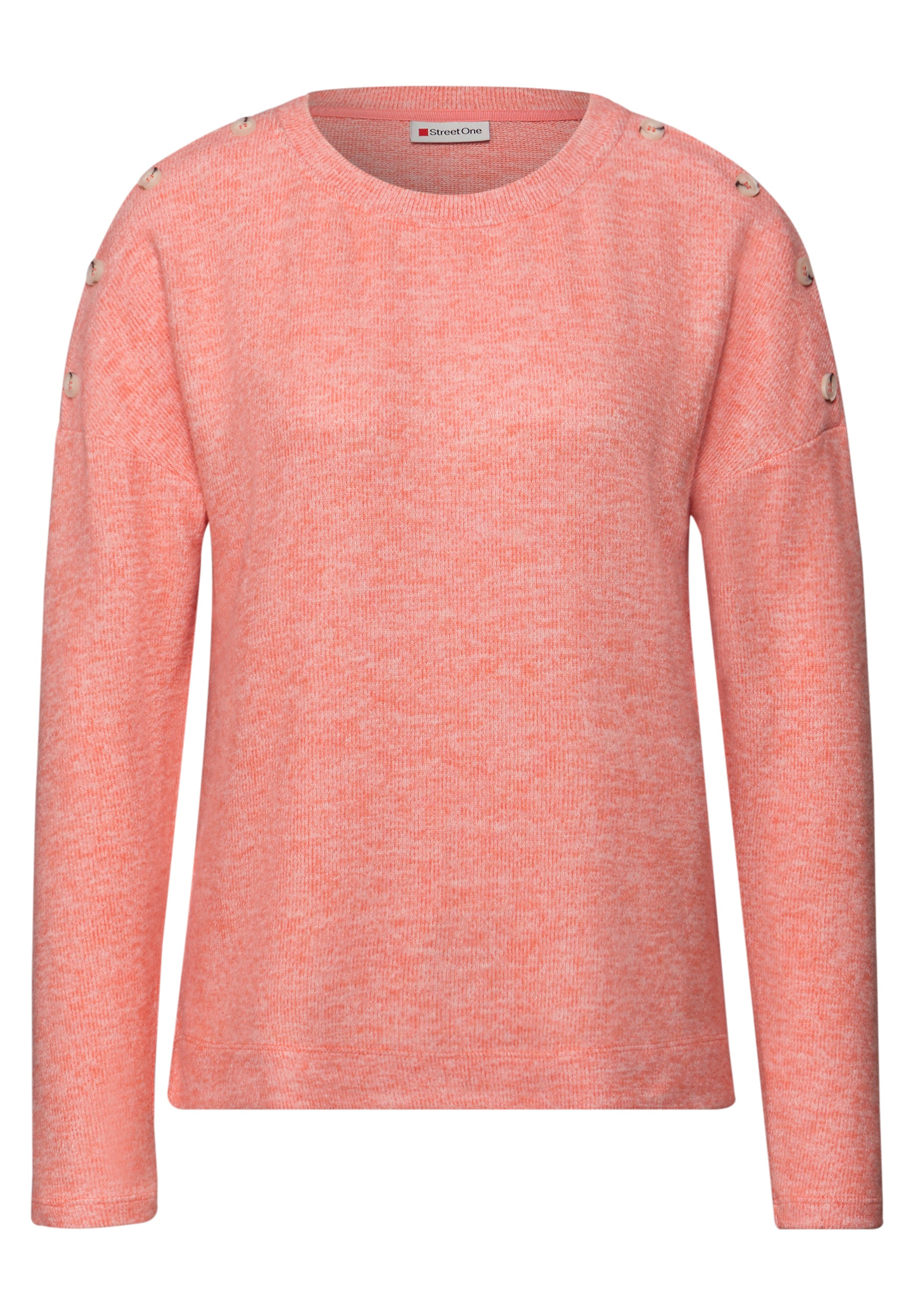 Street One Damen Shirt Melange Look Knopfdetail Rundhalsausschnitt