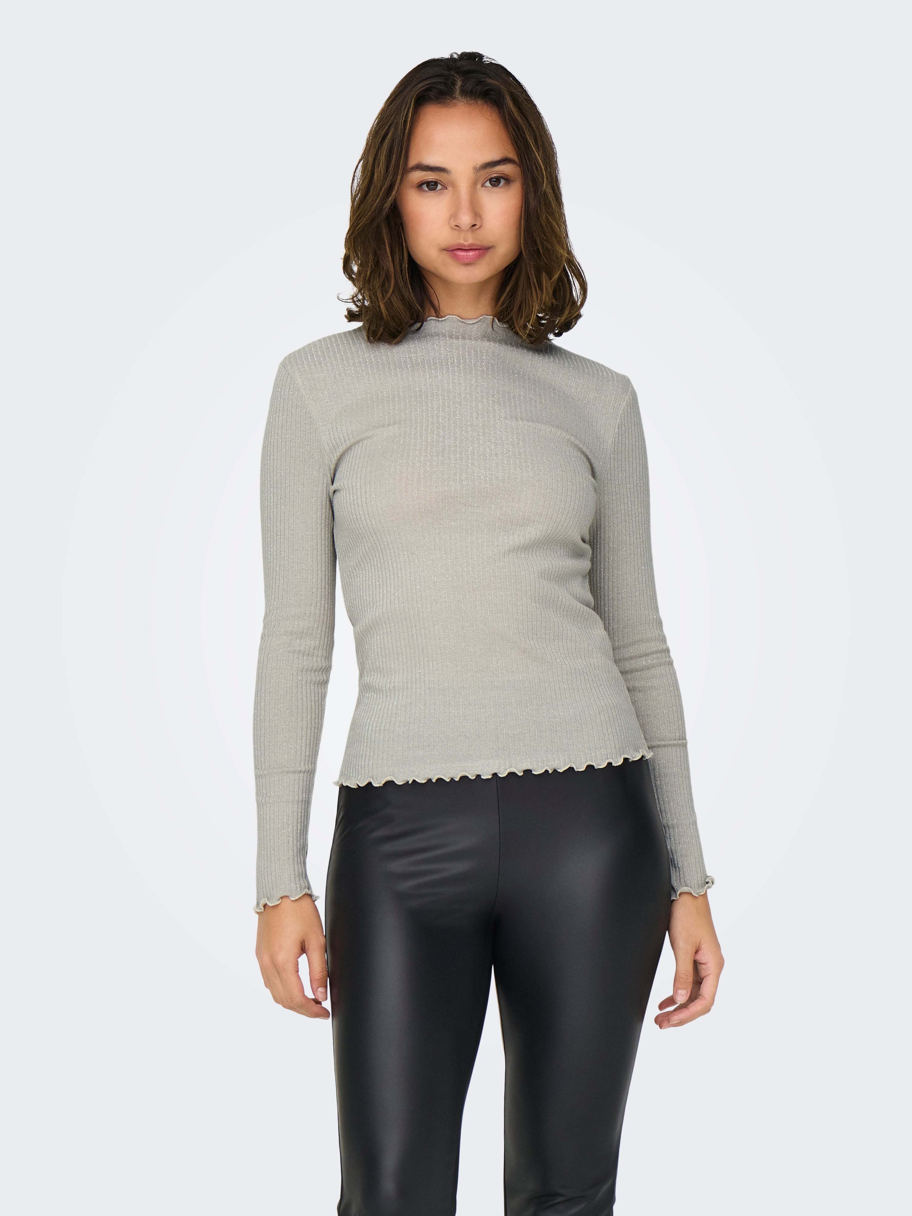 ONLY Glitzer-Effekt Langarm Top Damen Rundhals Baumwolle