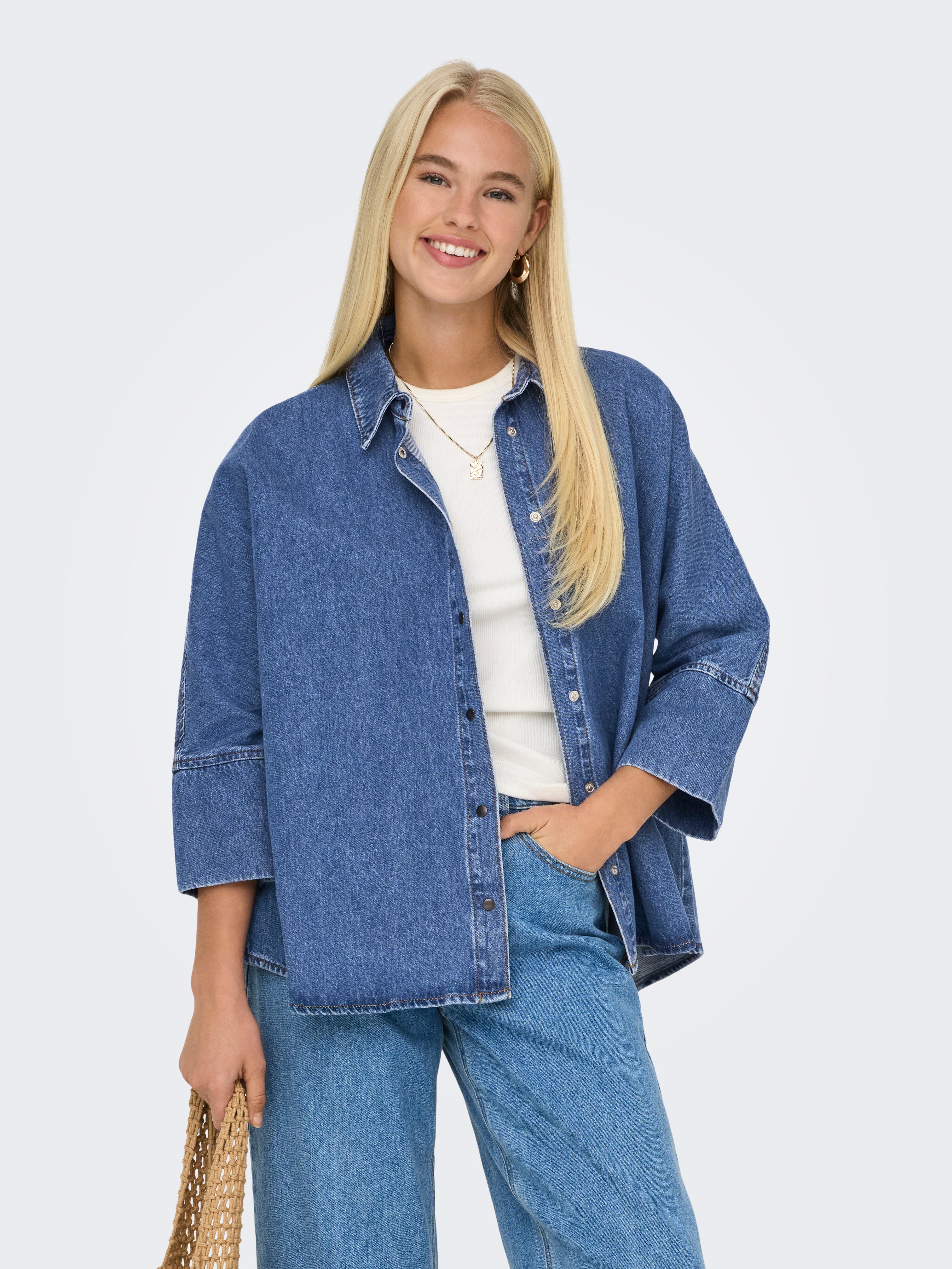ONLY Baumwolle Damen Jeanshemd 3/4 Arm Lange Bündchen Knopfleiste