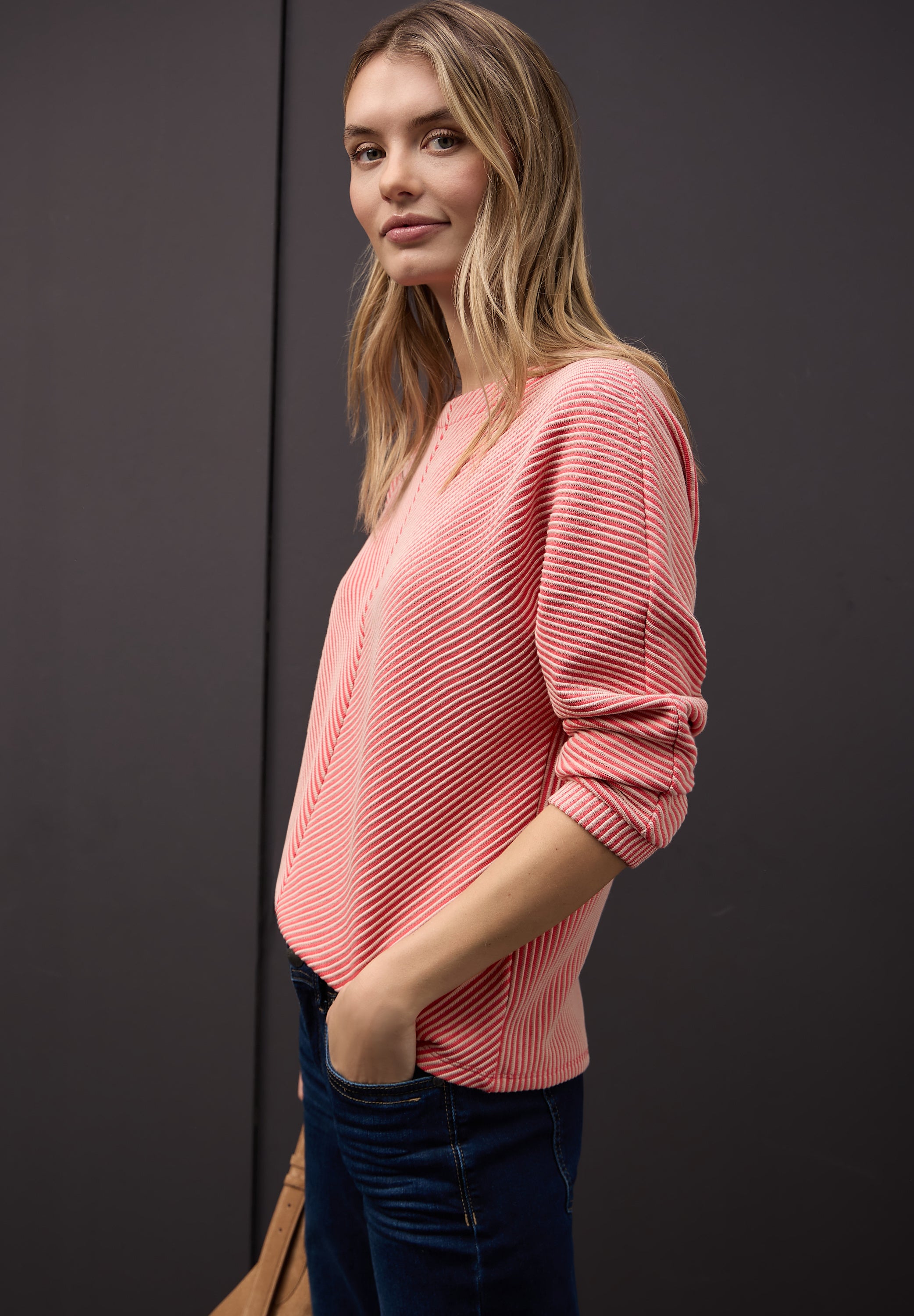 Street One Damen Shirt 3/4-Arm U-Boot-Ausschnitt Strukturmuster
