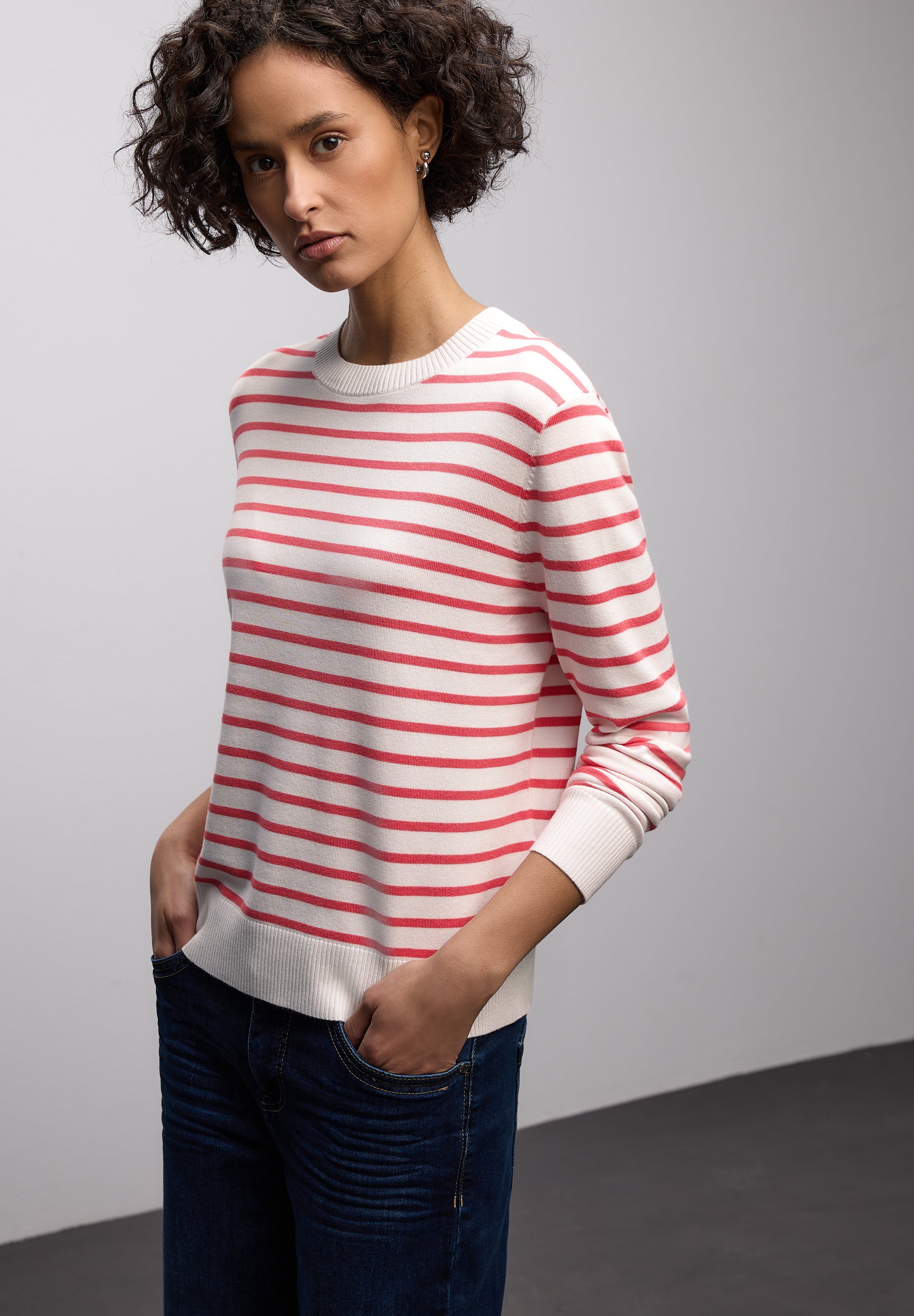 Street One Damen Pullover Gestreift Rundhalsausschnitt Langarm Rippstruktur