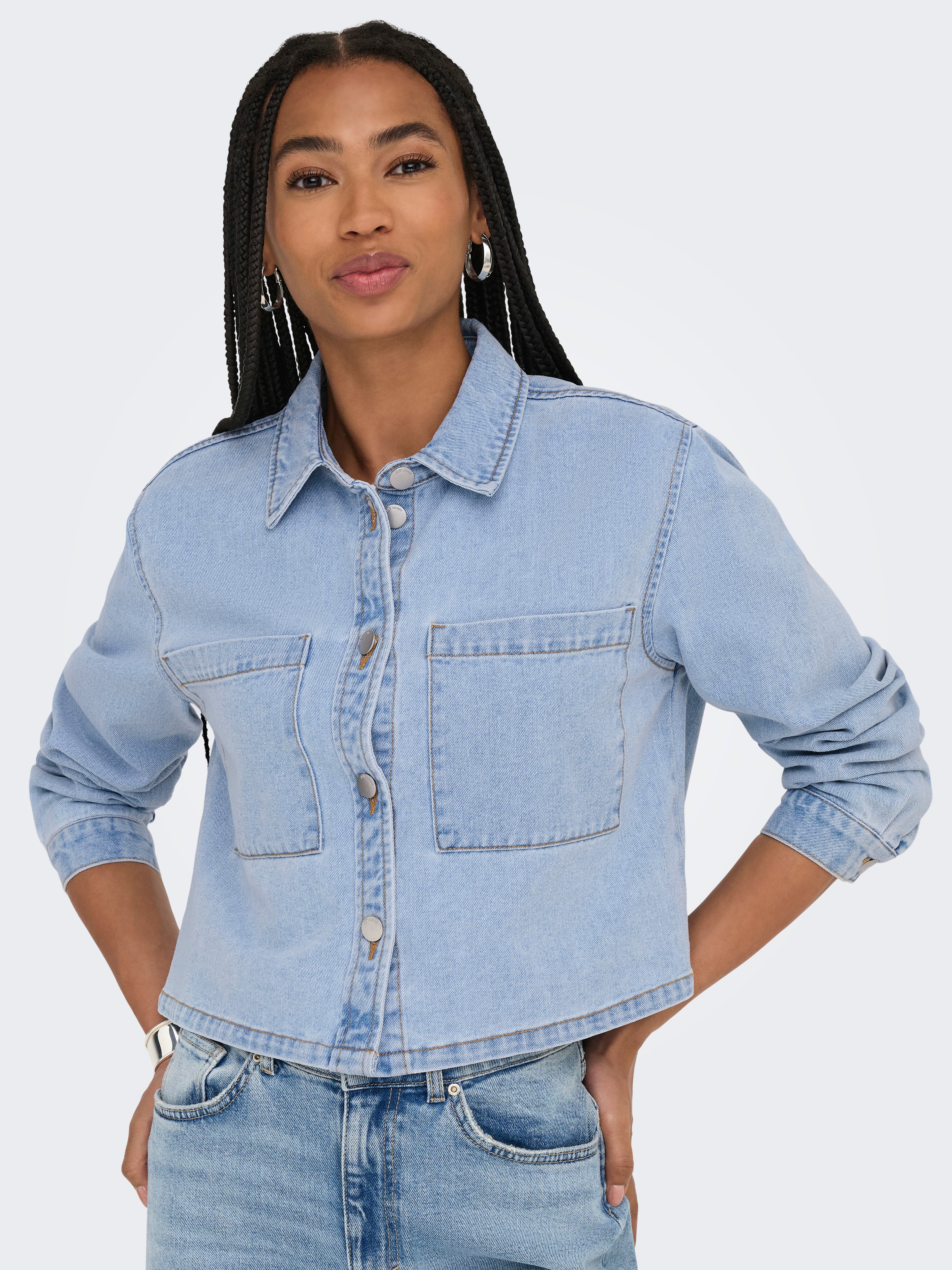 ONLY JdY Jeanshemd Damen Langarm Hemdkragen Locker geschnitten 100 % Baumwolle
