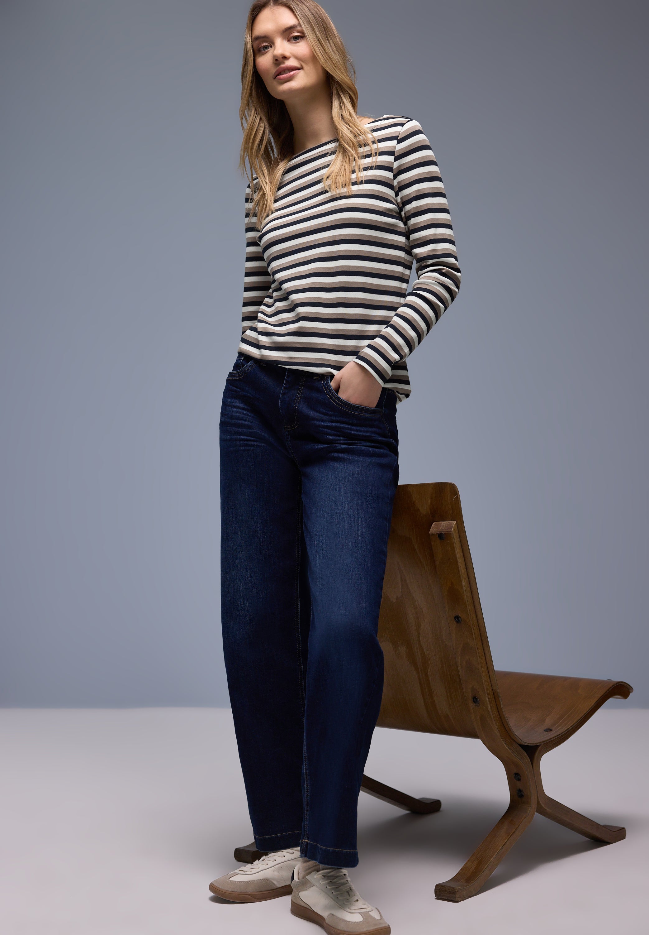 Street One Damen Baumwollshirt U-Boot-Ausschnitt Casual Basic