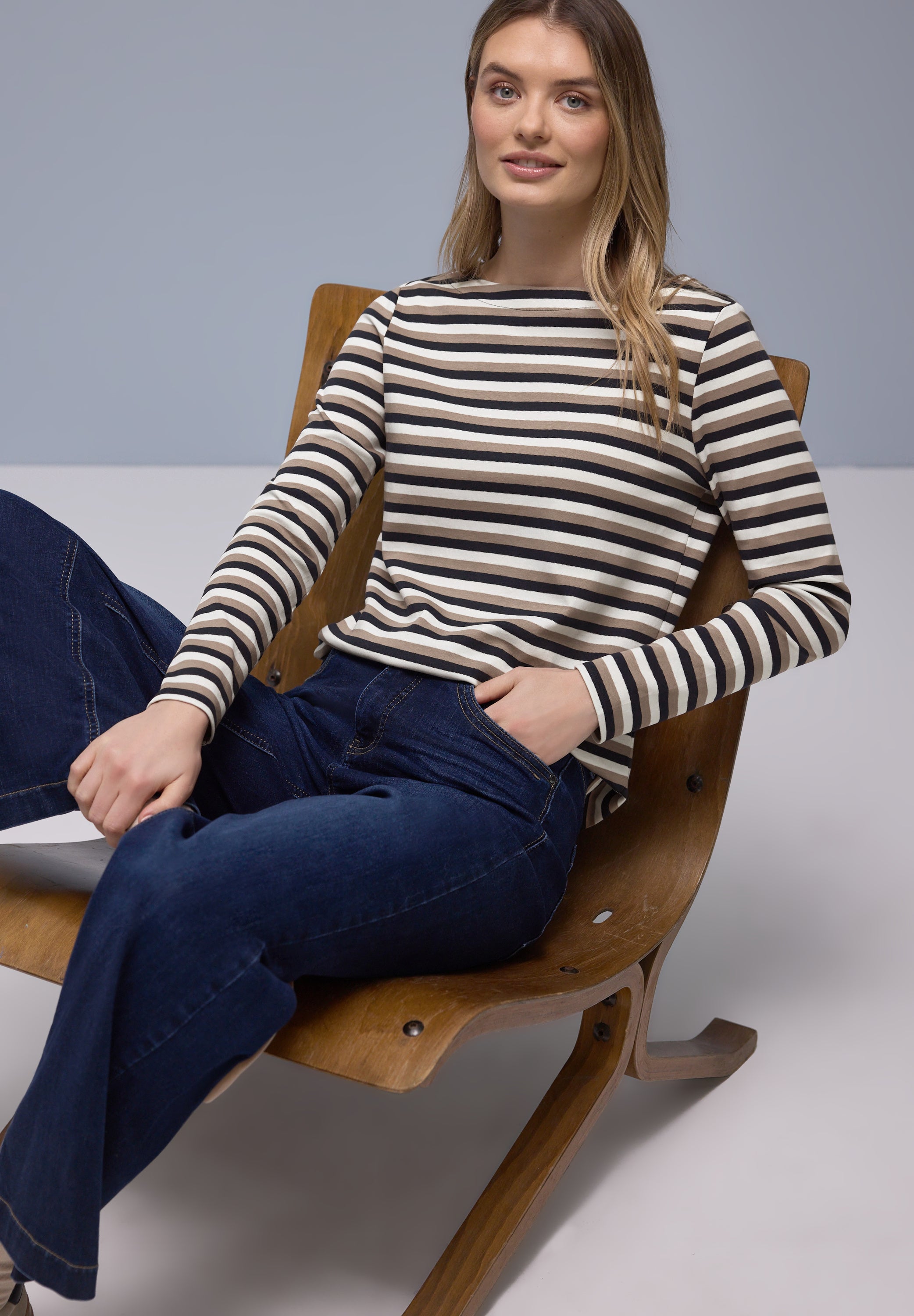 Street One Damen Baumwollshirt U-Boot-Ausschnitt Casual Basic