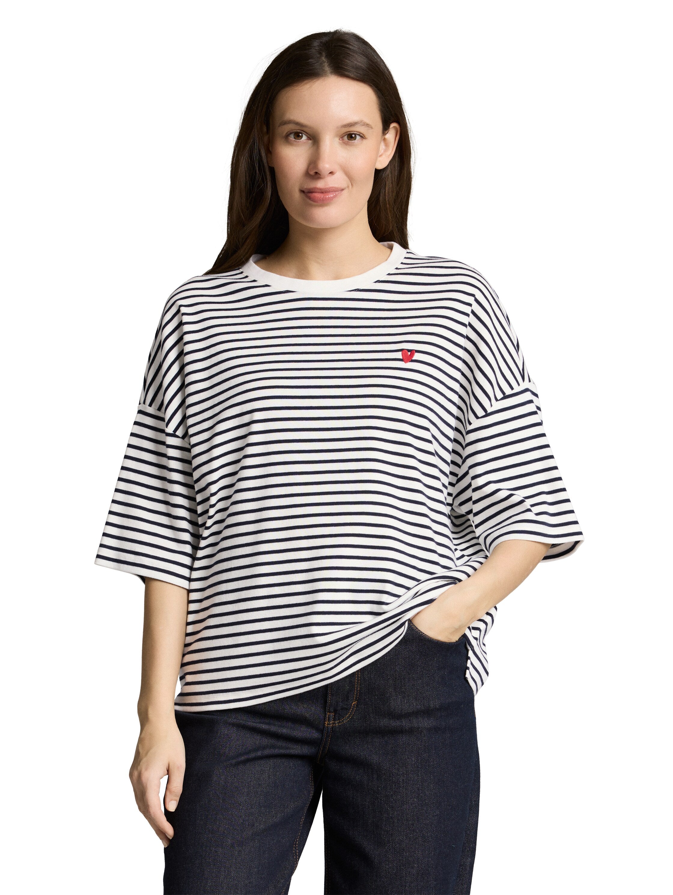 TOM TAILOR Gestreiftes T-Shirt Damen mit Herz-Detail überschnittener Schulternaht Baumwolle Elasthan