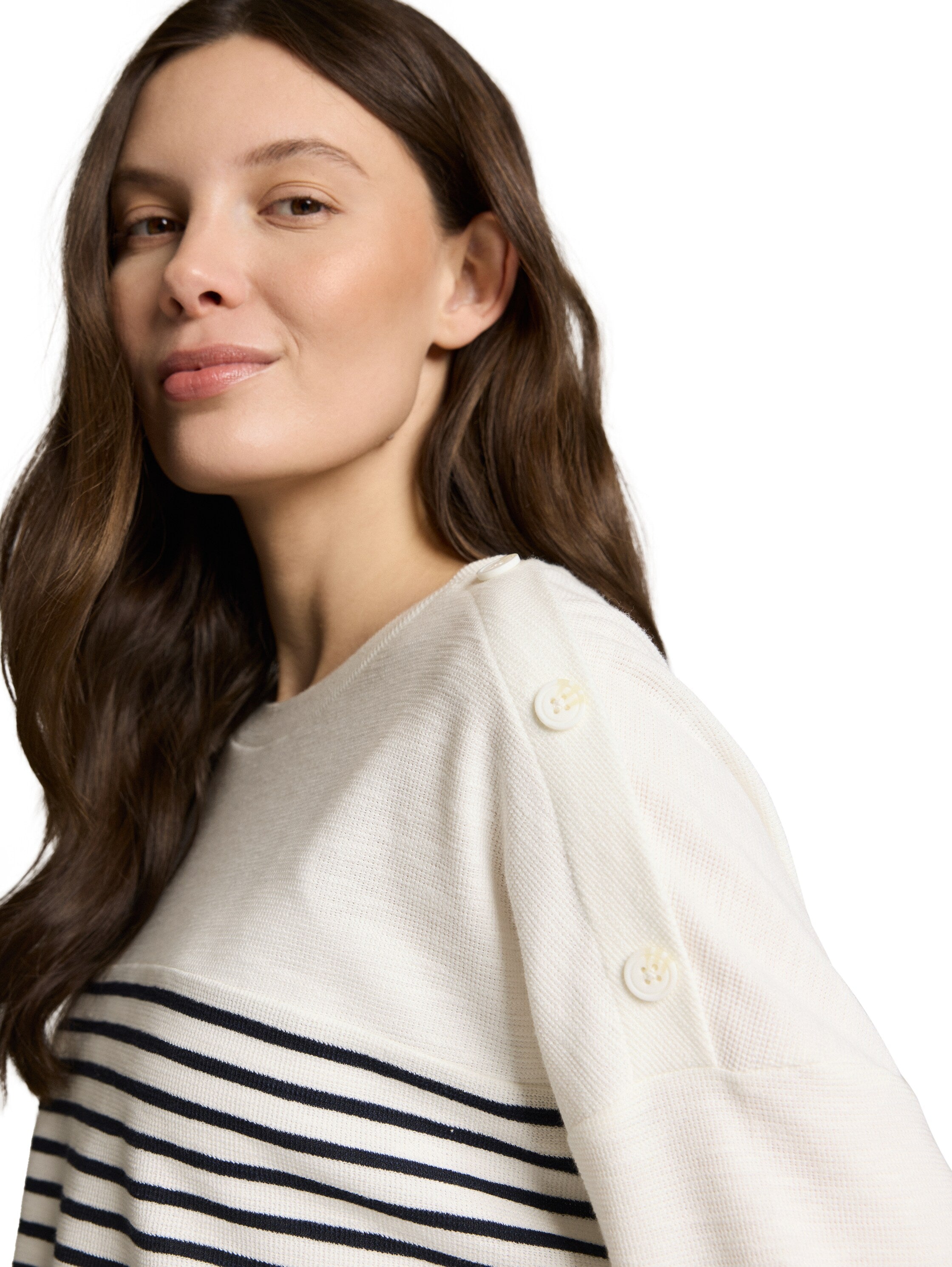 TOM TAILOR Longsleeve Damen Gestreift 3/4-Arm Jacquard Baumwolle