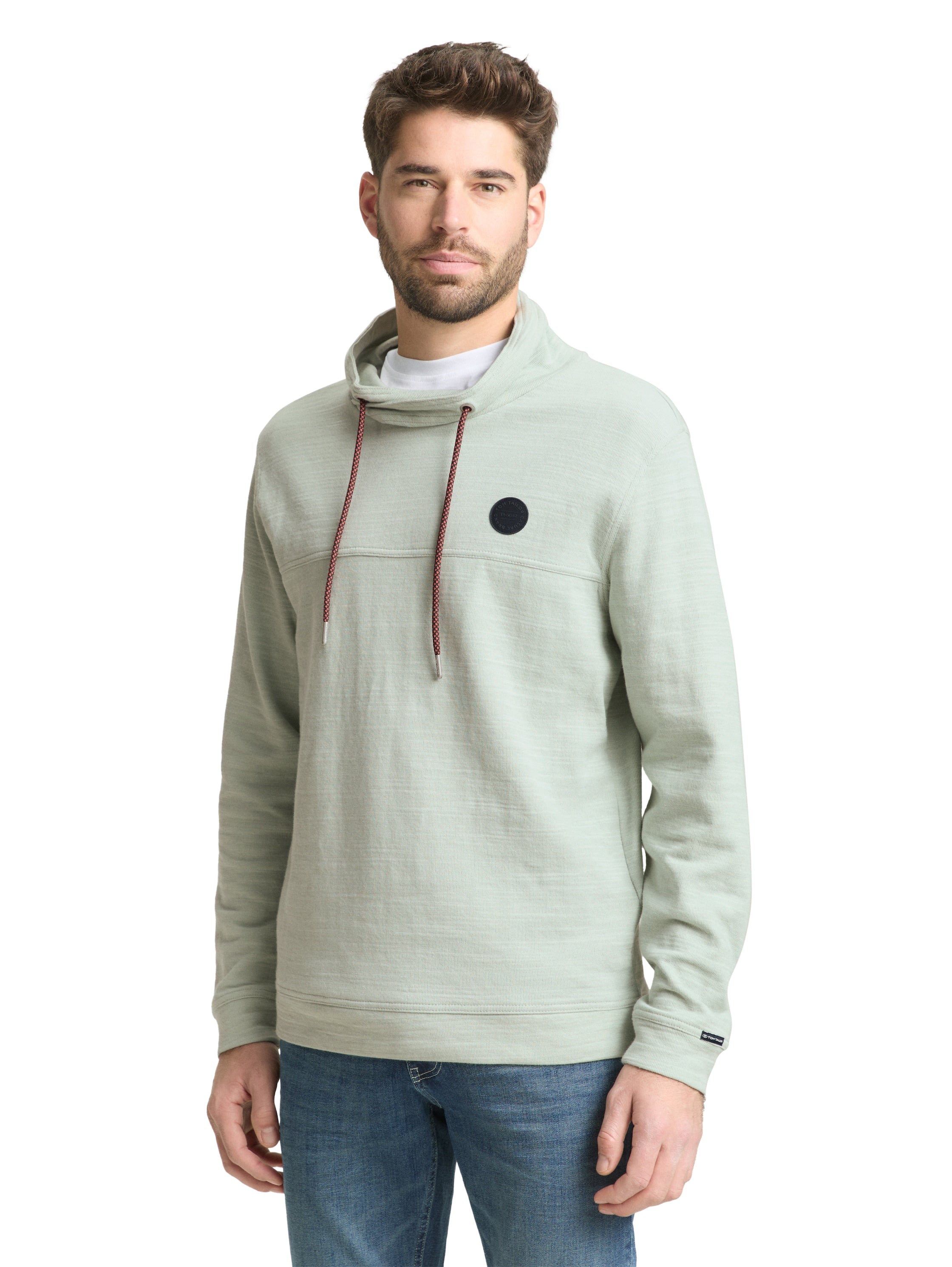 Tom Tailor Herren Longsleeve mit Kordelzug im Schalkragen Logo-Badge Baumwolle Polyester