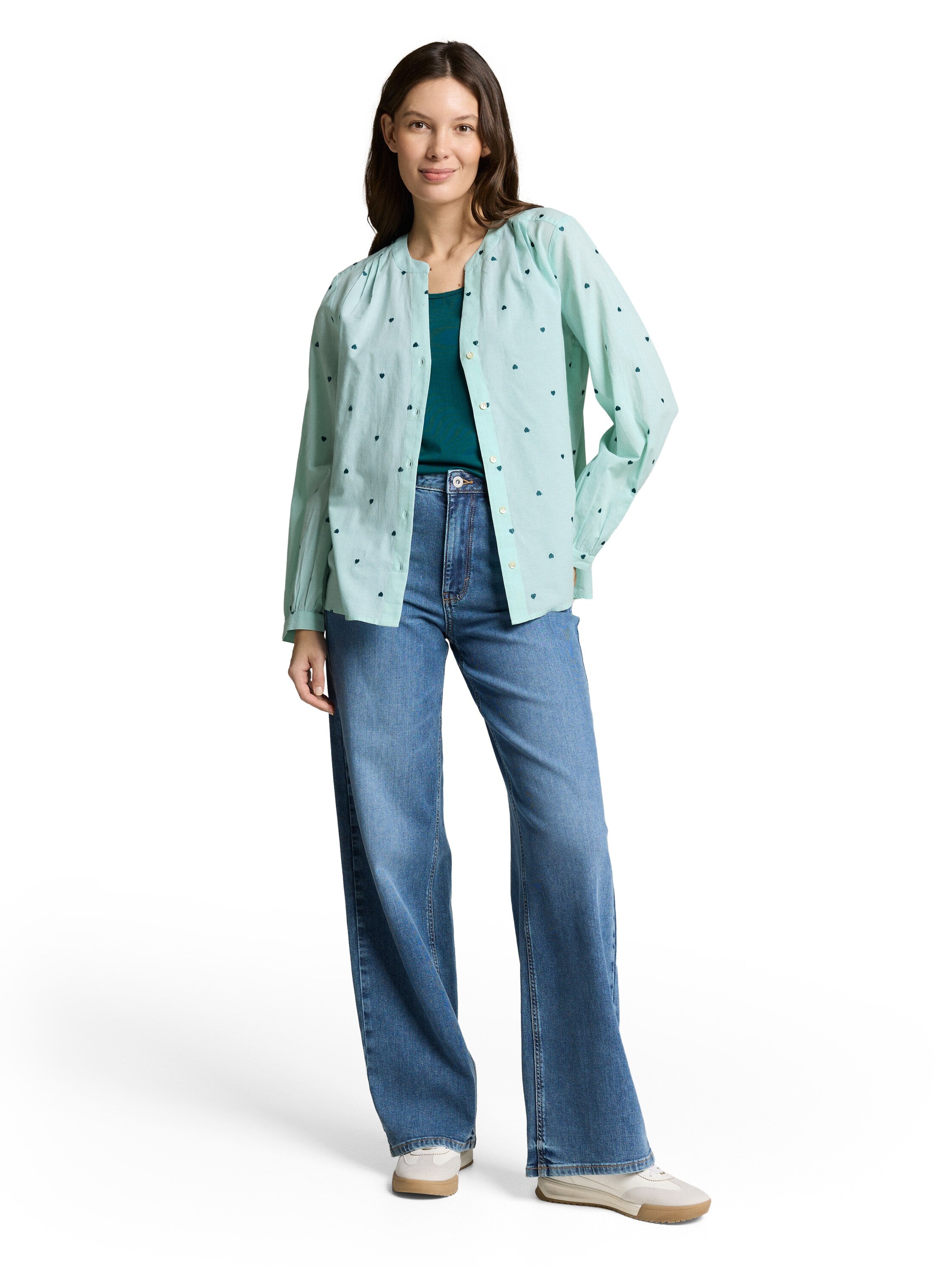 Tom Tailor Denim Damen Chambray Bluse mit Allover-Herz-Stickerei aus Baumwolle