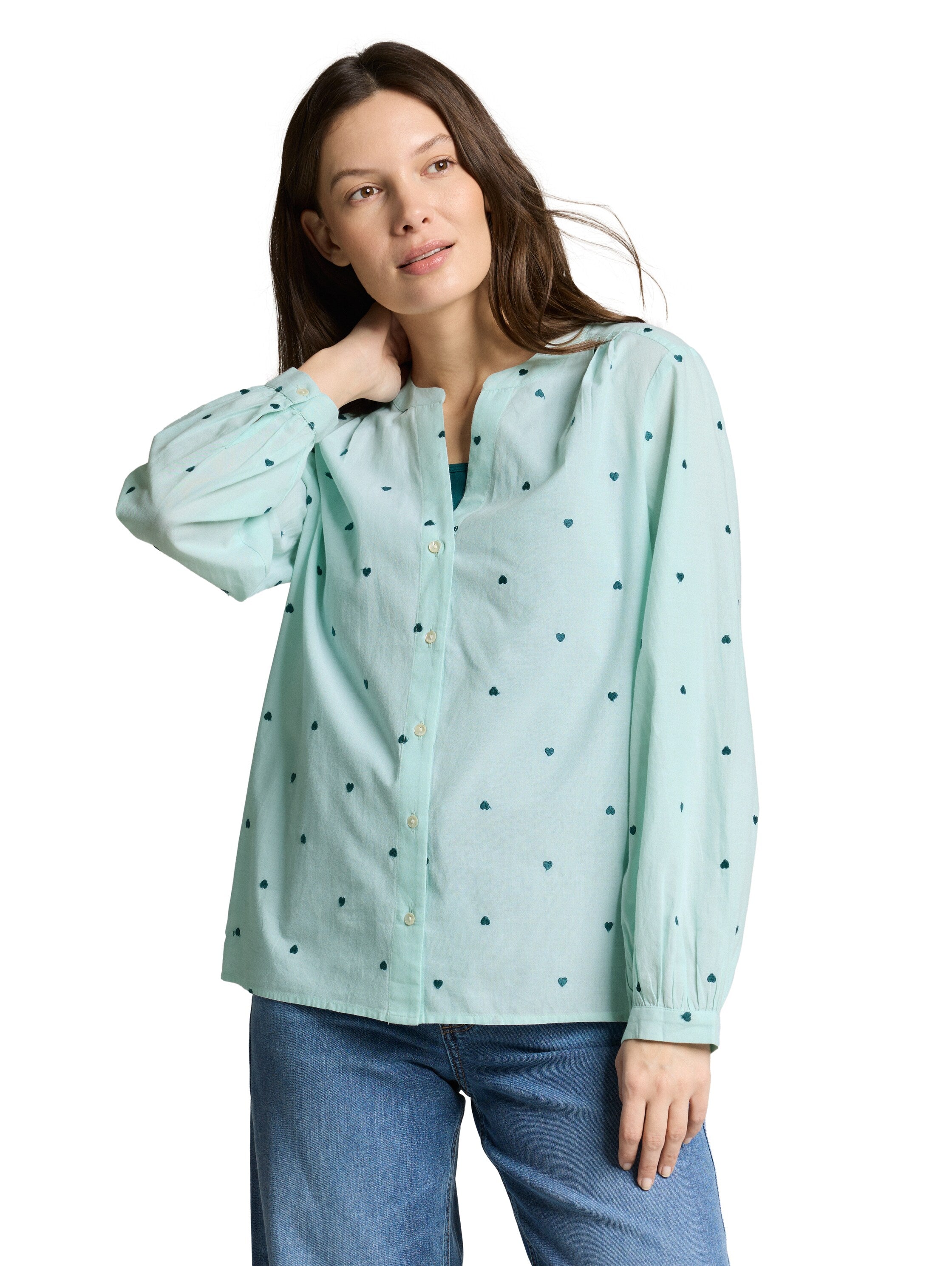 Tom Tailor Denim Damen Chambray Bluse mit Allover-Herz-Stickerei aus Baumwolle