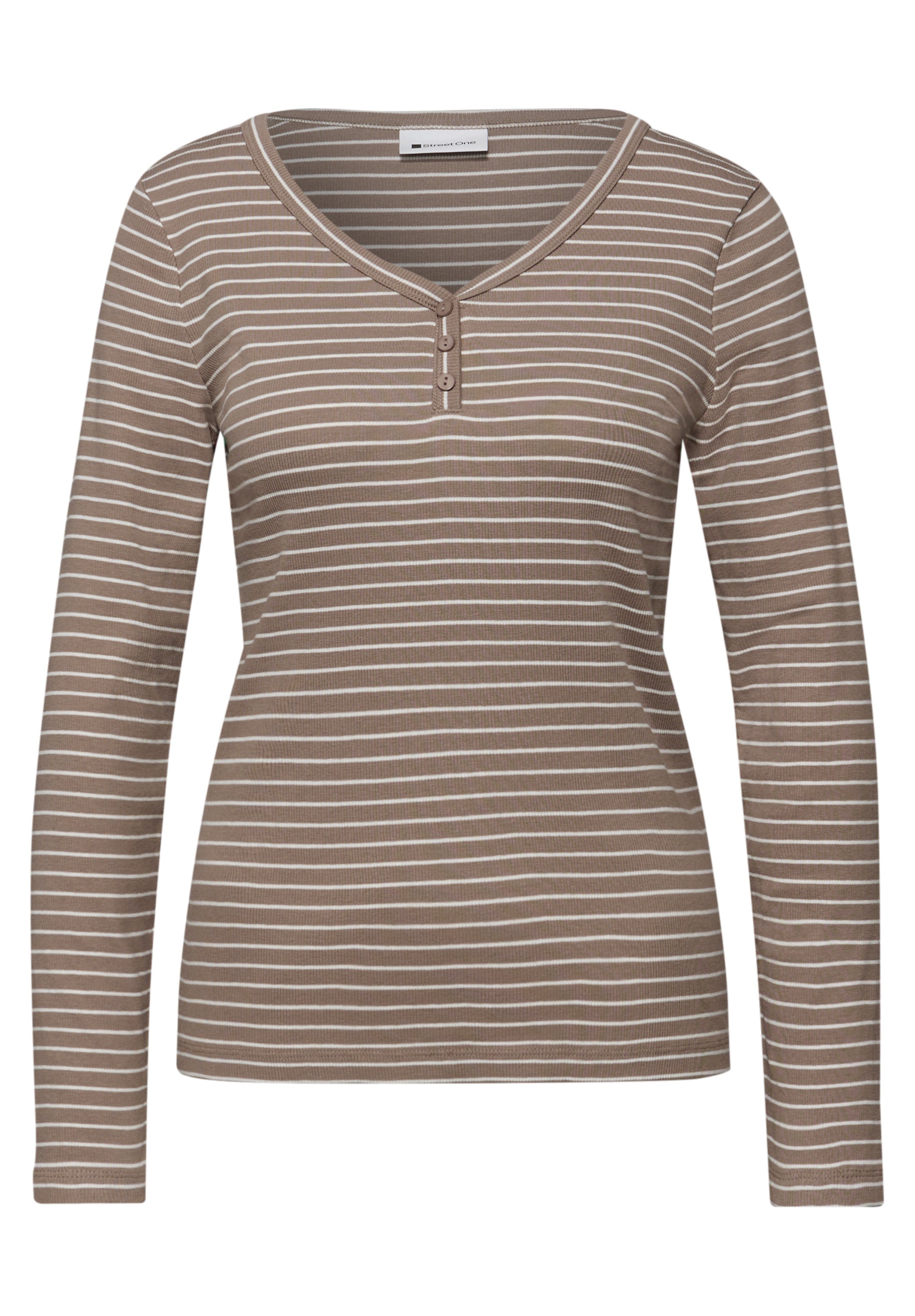 Street One Damen Shirt Gestreift V-Ausschnitt Knopfdetail Baumwolle Elasthan