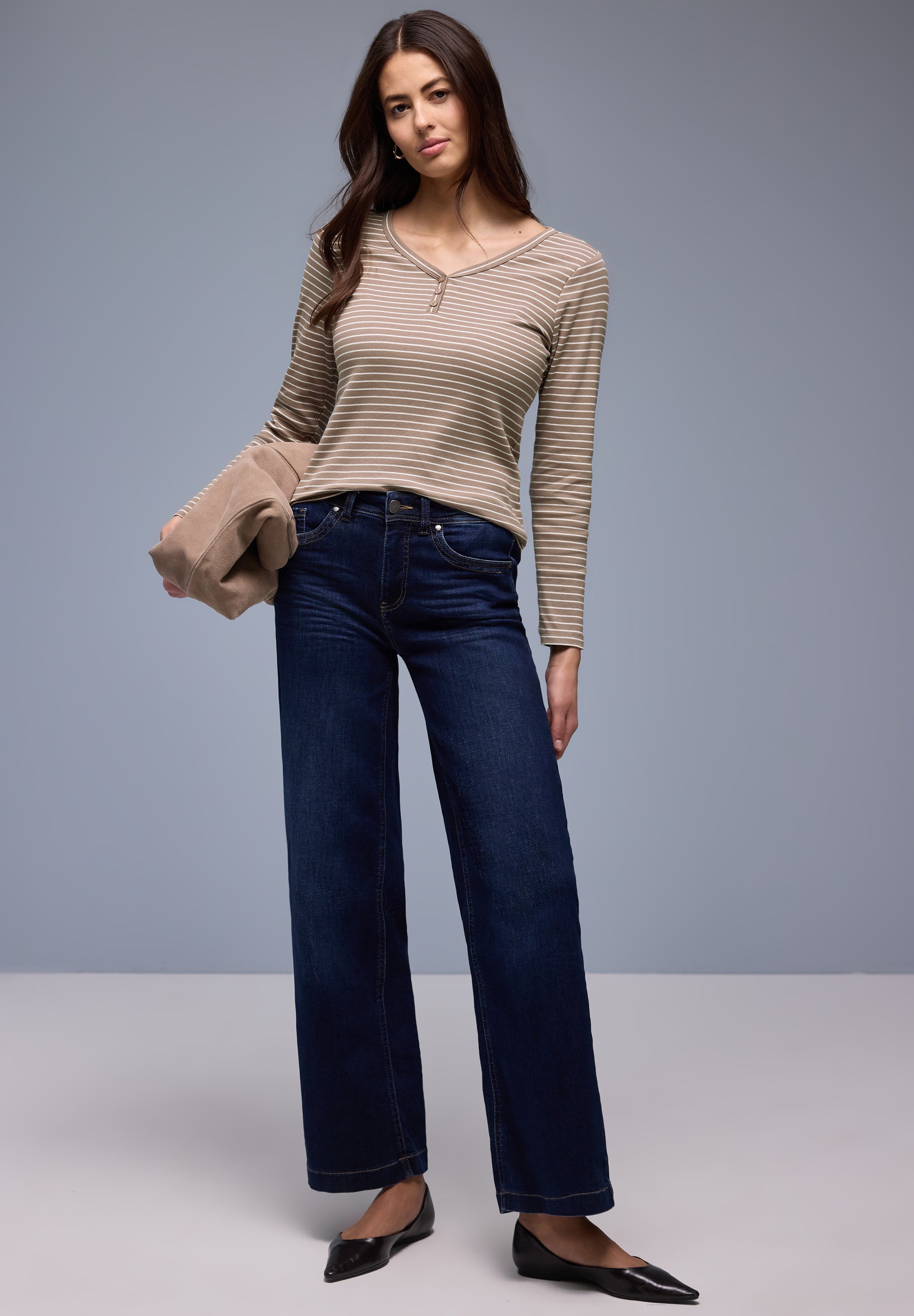 Street One Damen Shirt Gestreift V-Ausschnitt Knopfdetail Baumwolle Elasthan