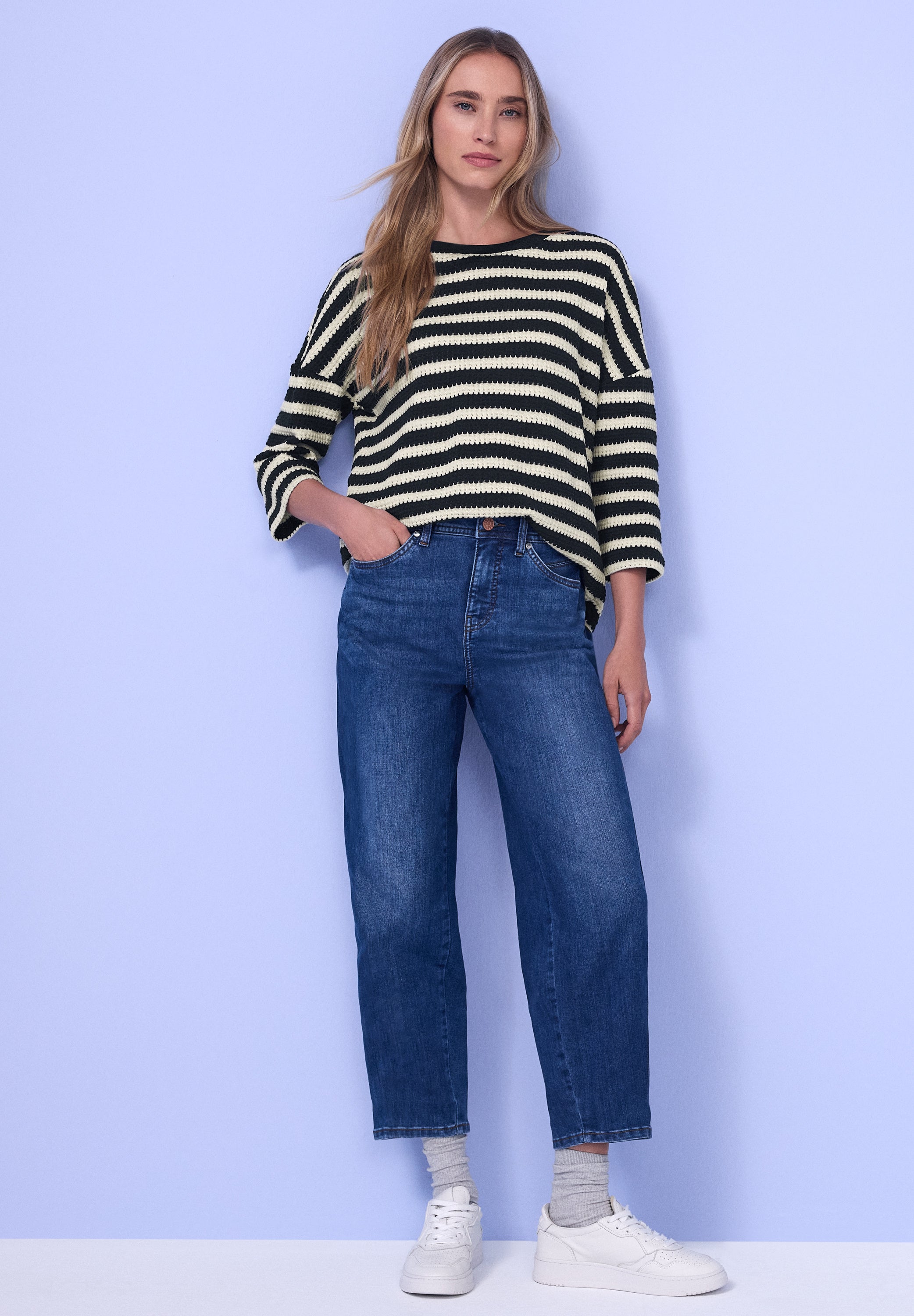 Street One Damen Shirt Strick-Look 3/4-Arm U-Boot-Ausschnitt