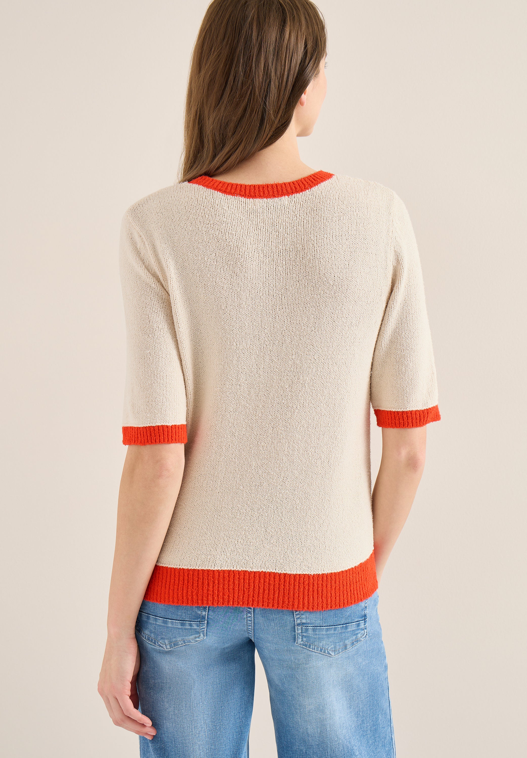 CECIL Damen Strickpullover Kurzarm Casual Moderne Kontrastdetails Baumwolle Nylon