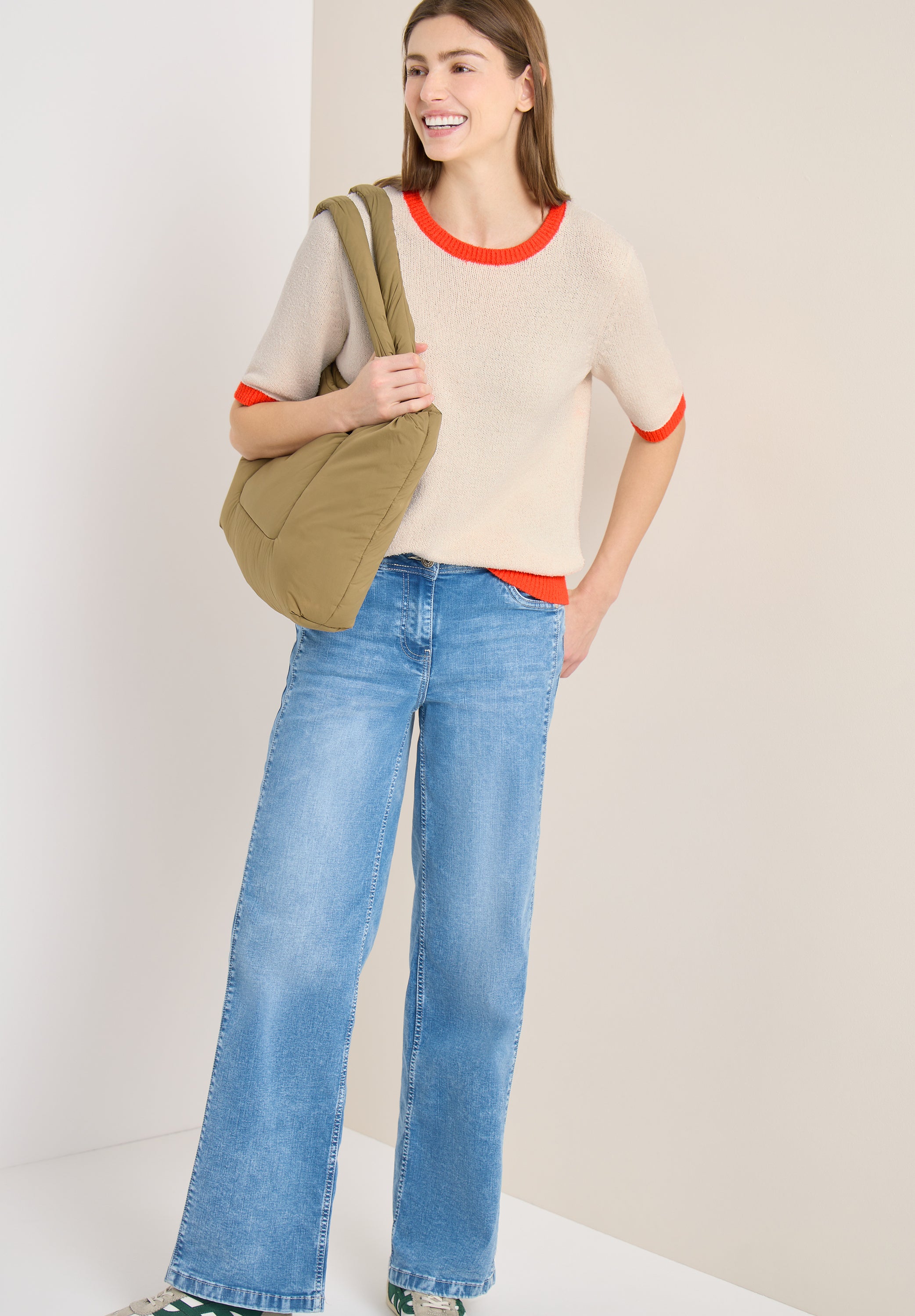 CECIL Damen Strickpullover Kurzarm Casual Moderne Kontrastdetails Baumwolle Nylon