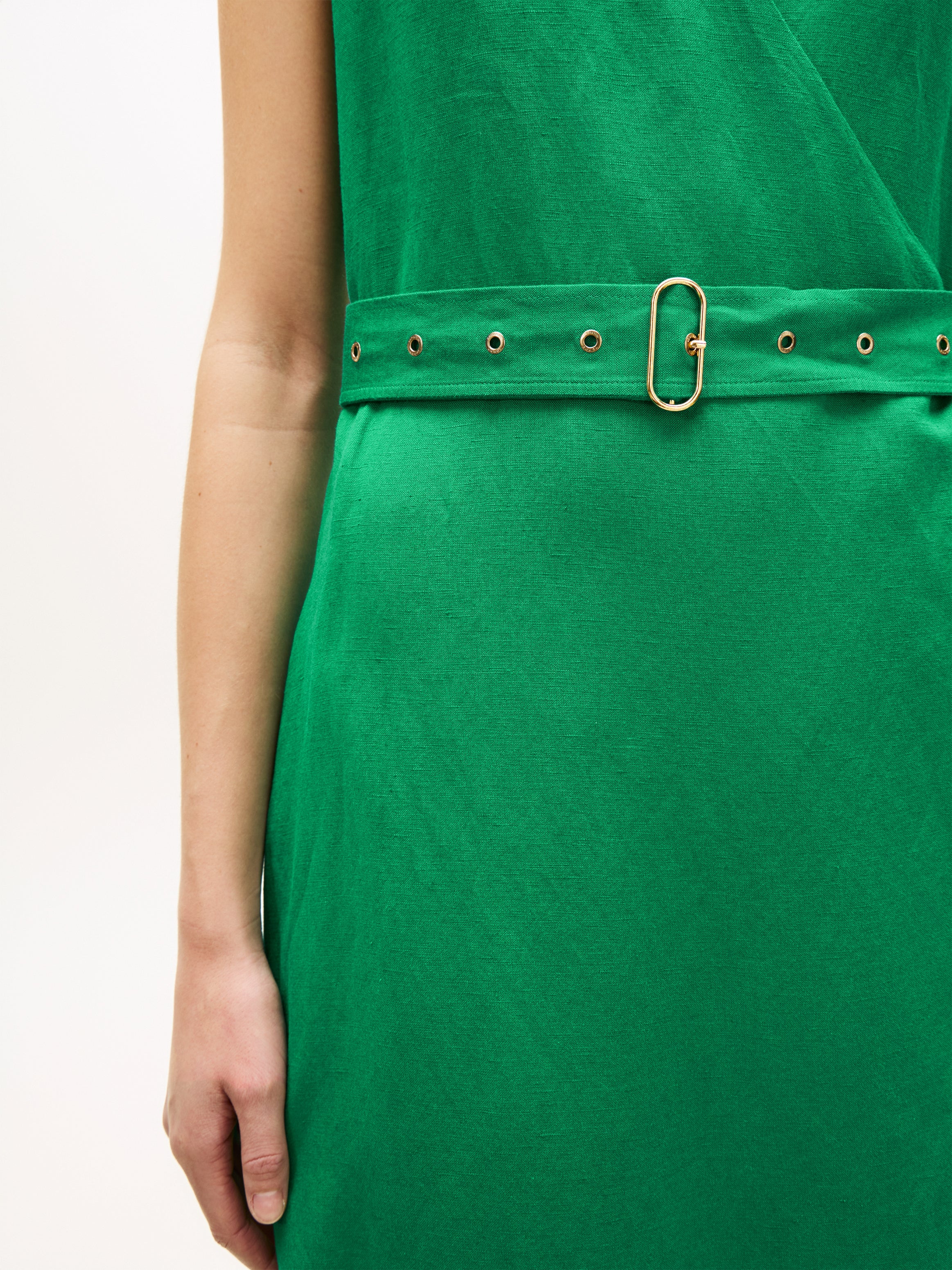 Belted Linen Blend Sleeveless Wrap Midi Dress