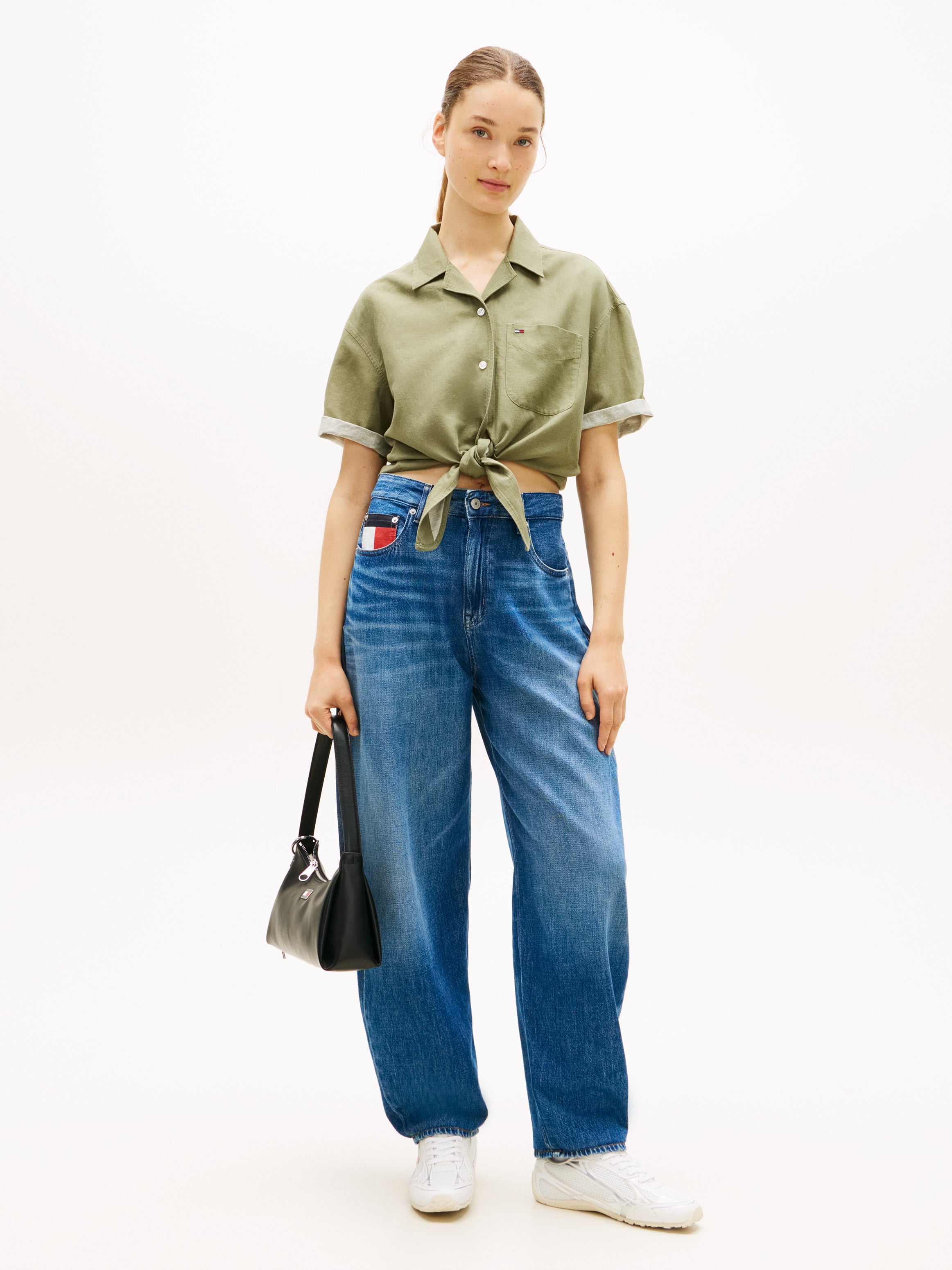 Relaxed Fit Linen Blend Tie Front Shirt