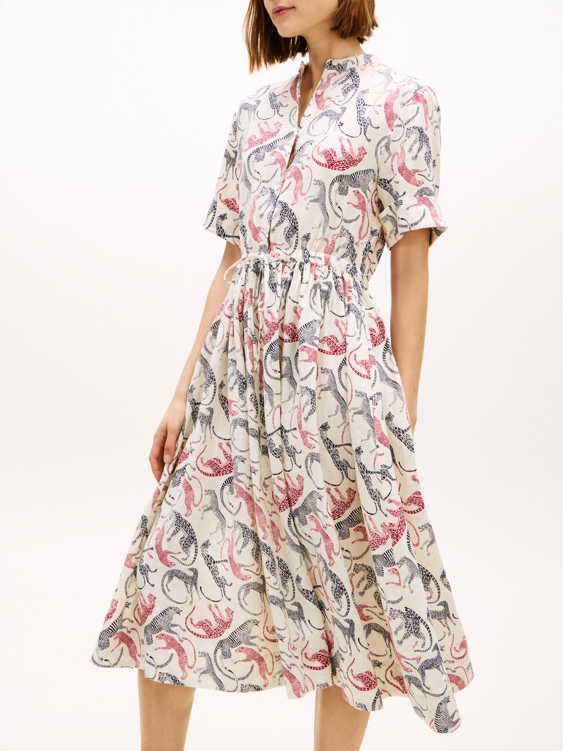 Print Pure Linen Midi Shirt Dress