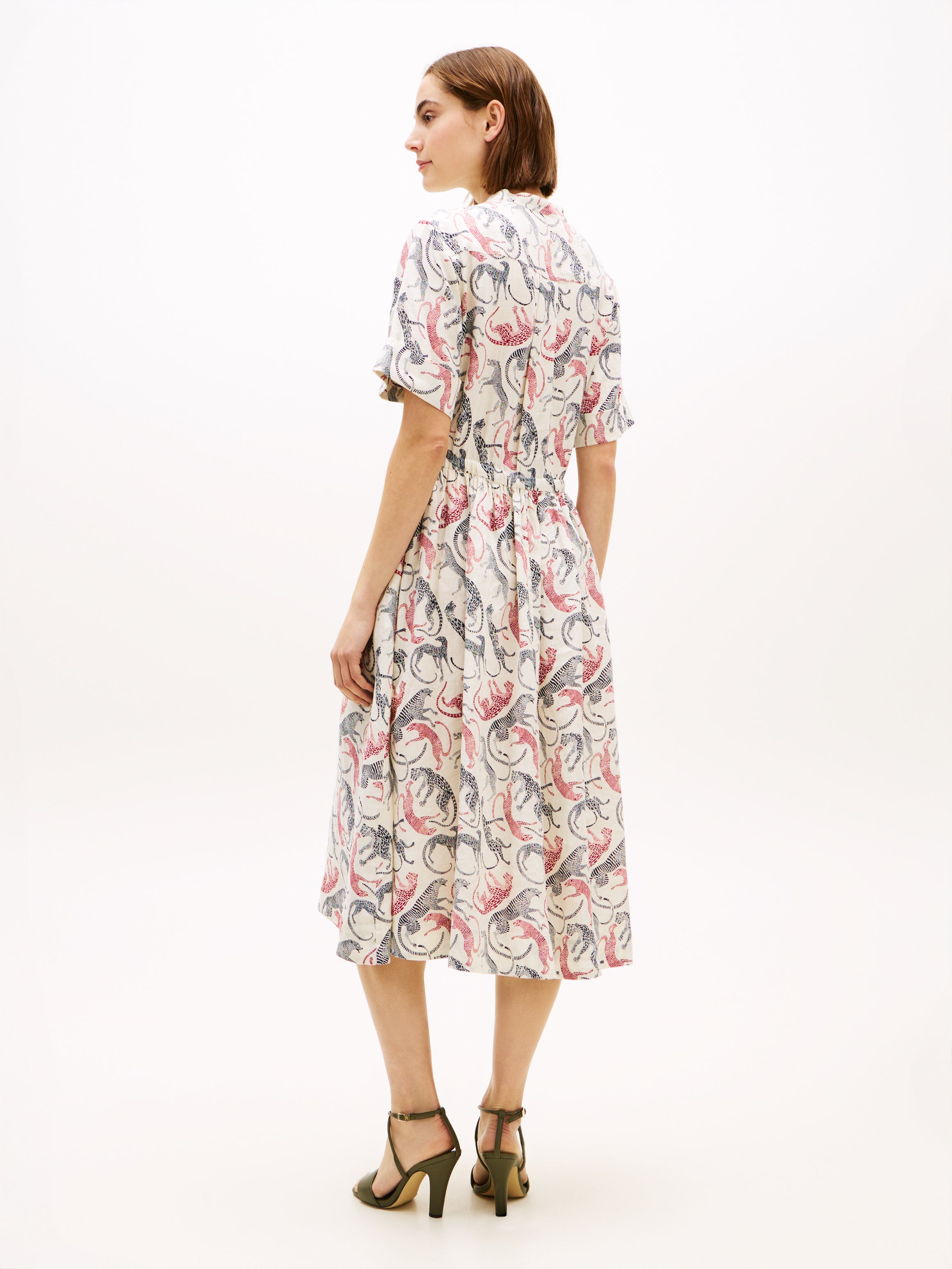 Print Pure Linen Midi Shirt Dress