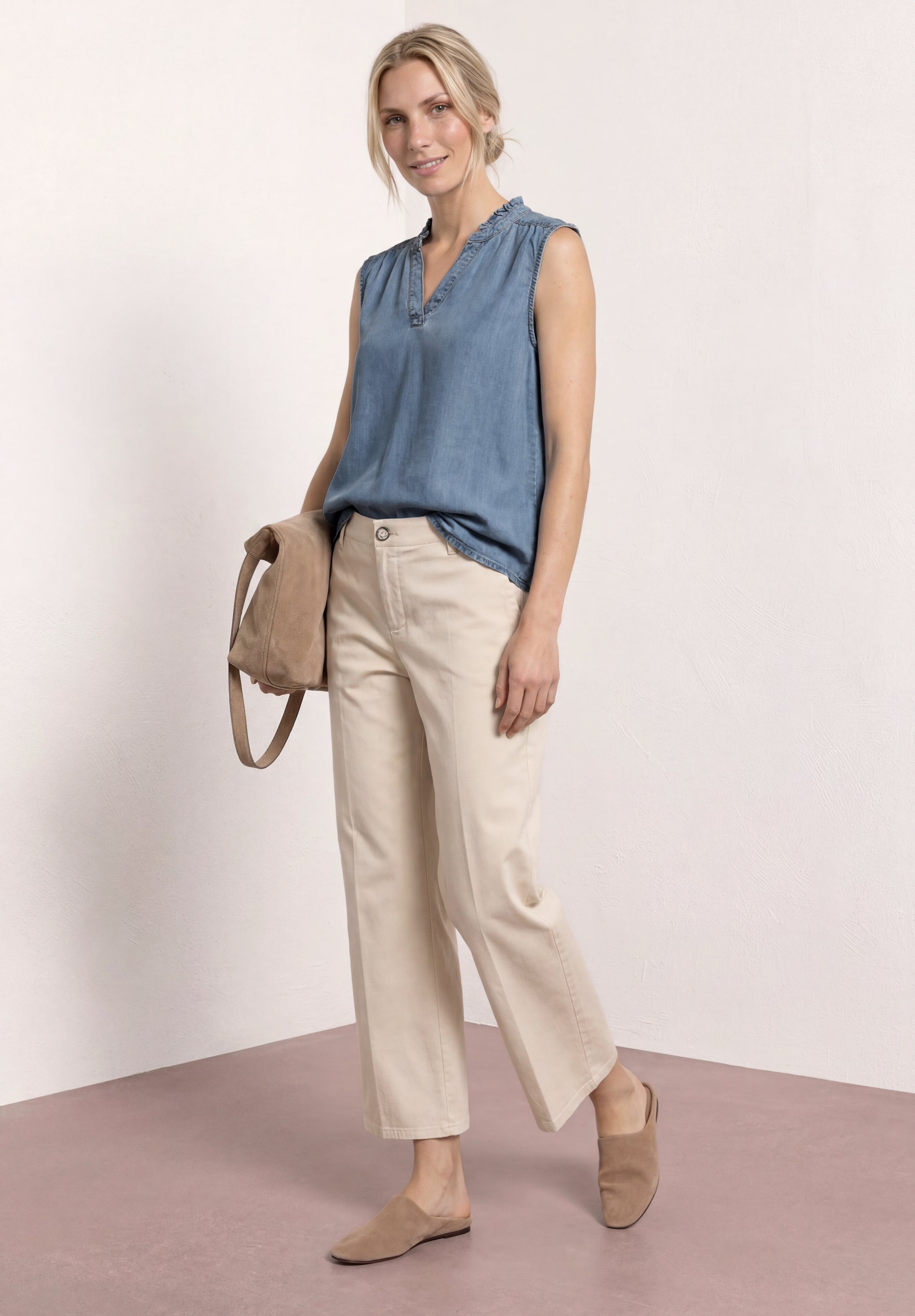 Blusentop mit Rüschen im Denim-Look