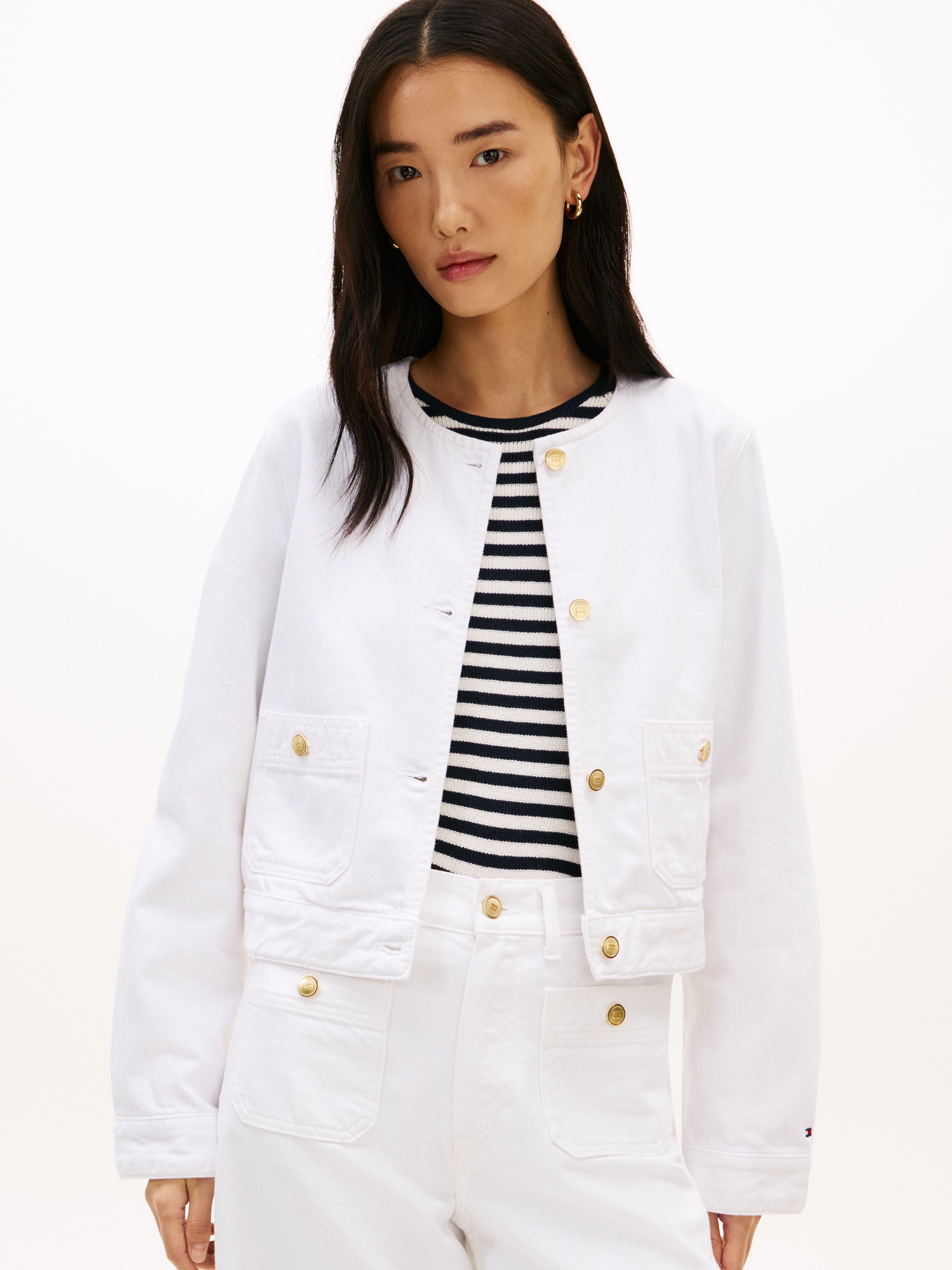 Gold-Tone Button Collarless Denim Jacket
