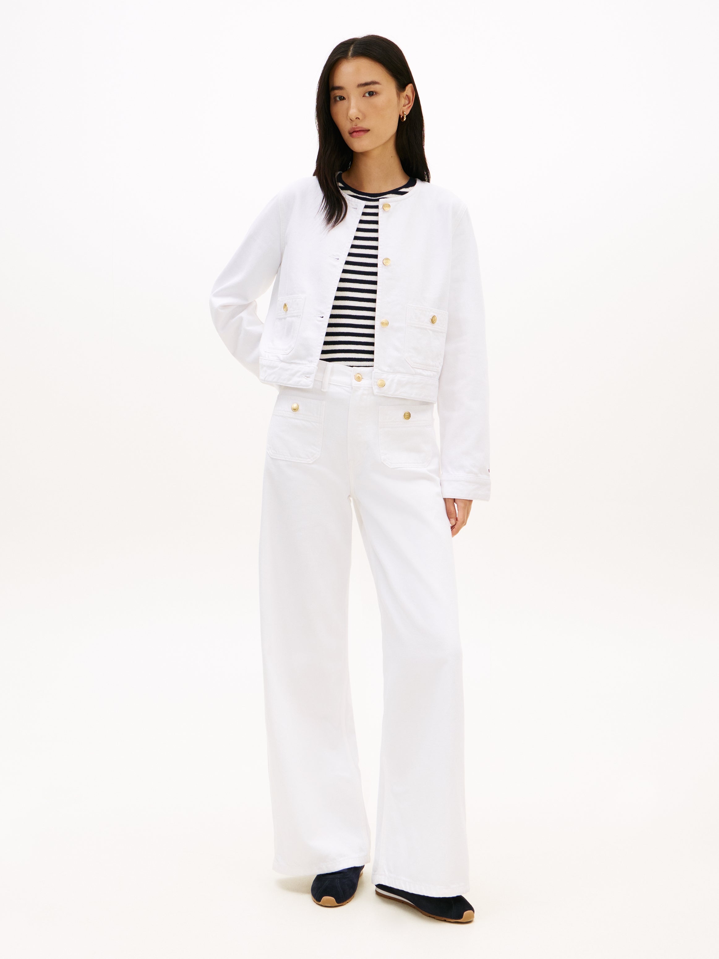 Gold-Tone Button Collarless Denim Jacket