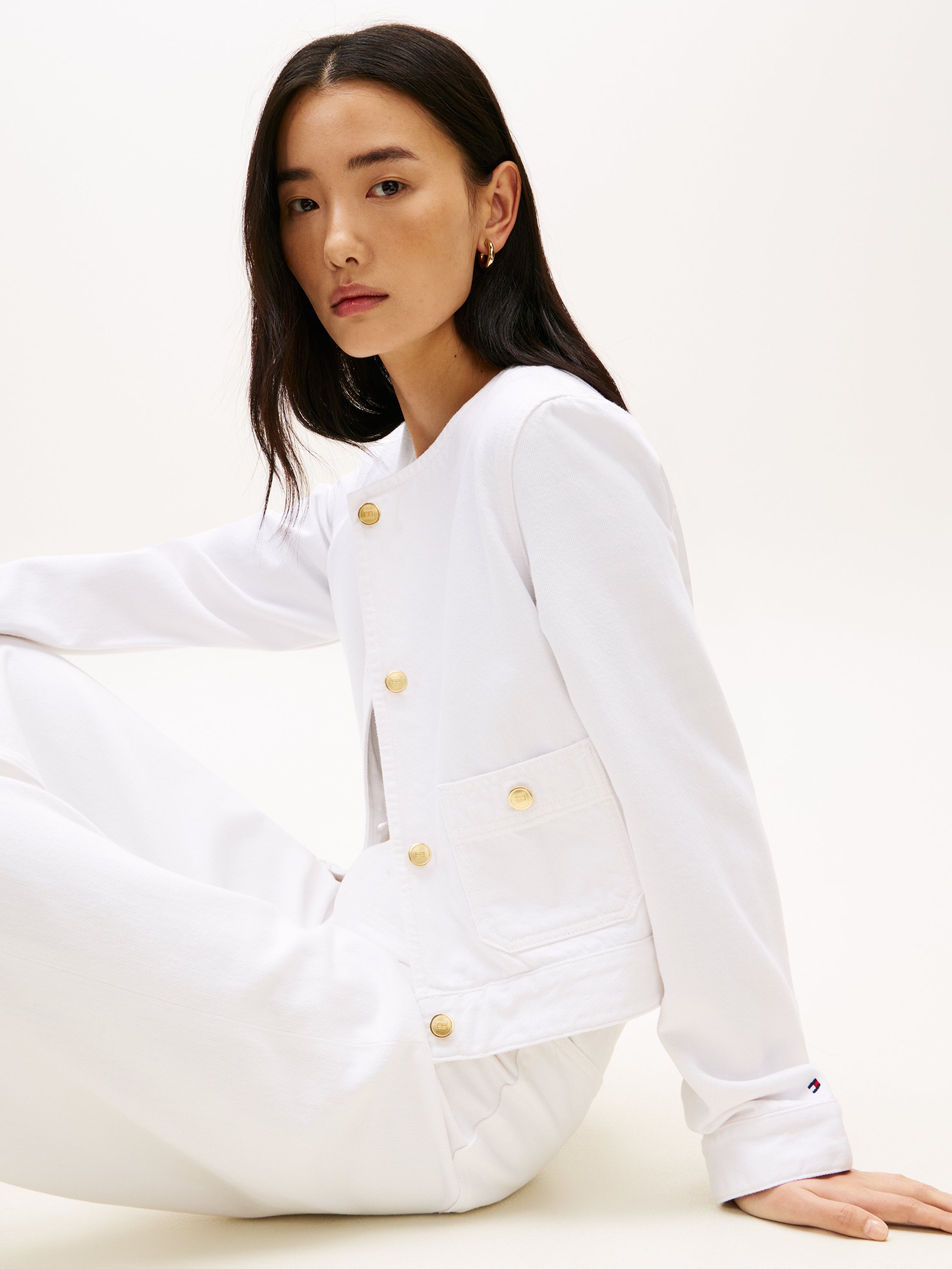 Gold-Tone Button Collarless Denim Jacket