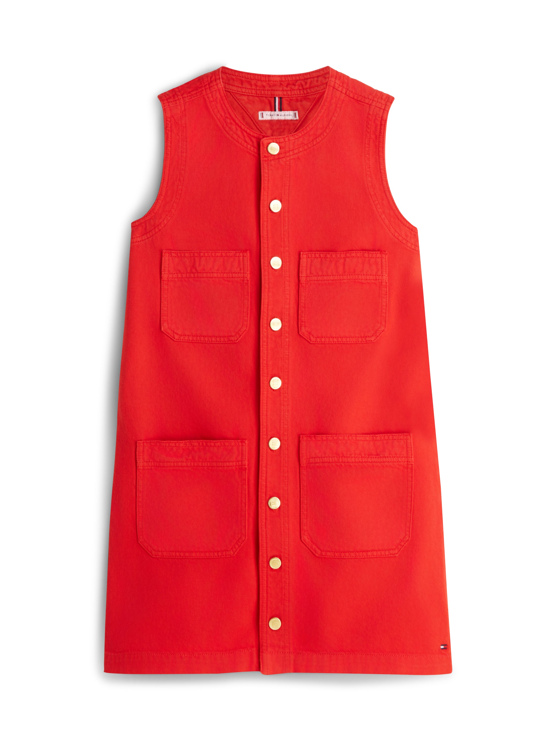 Gold-Tone Button Denim Mini Shift Dress