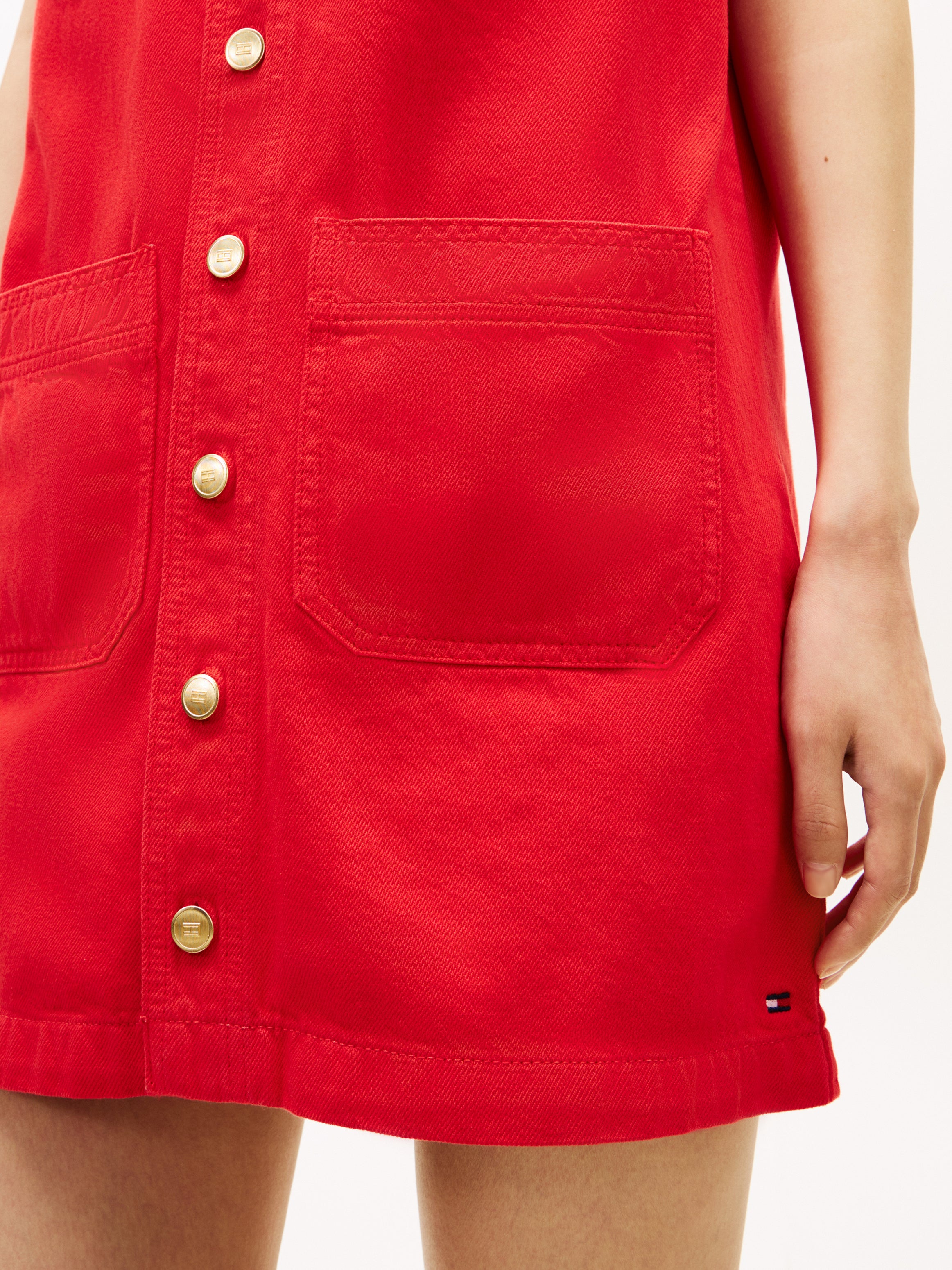 Gold-Tone Button Denim Mini Shift Dress