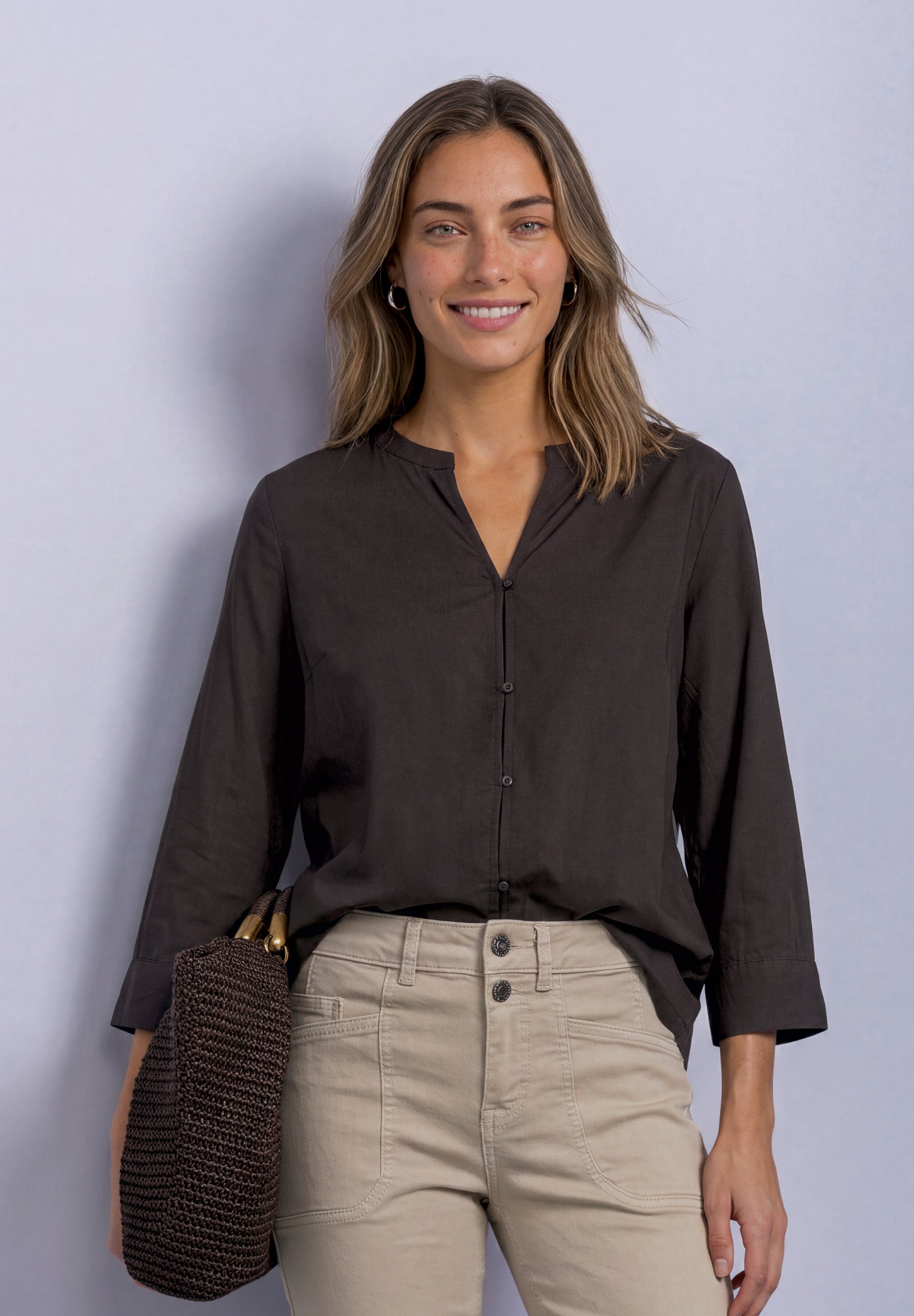 3/4-Arm Bluse mit Split Neck