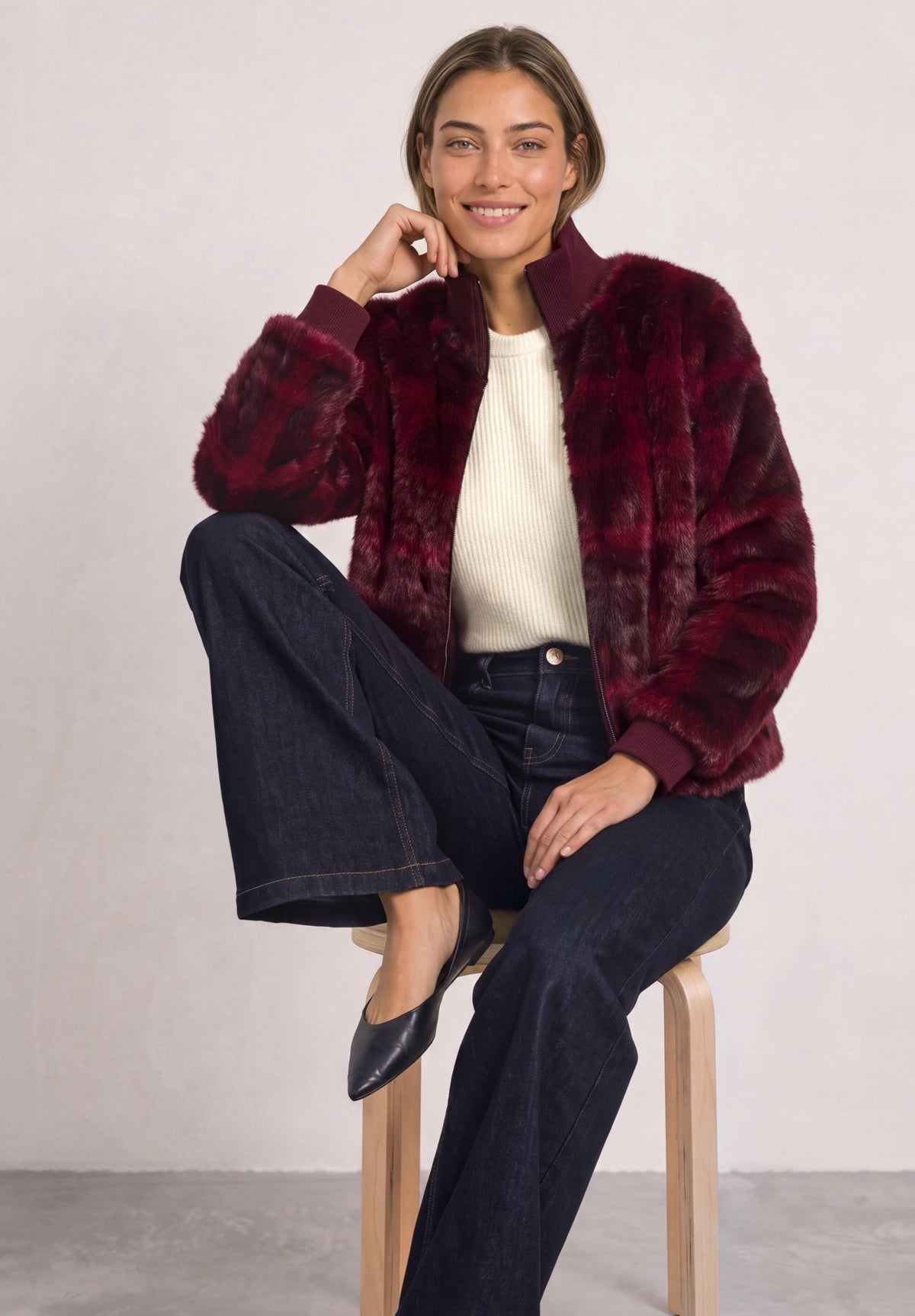 Fake Fur Blouson mit Strickdetails und Print