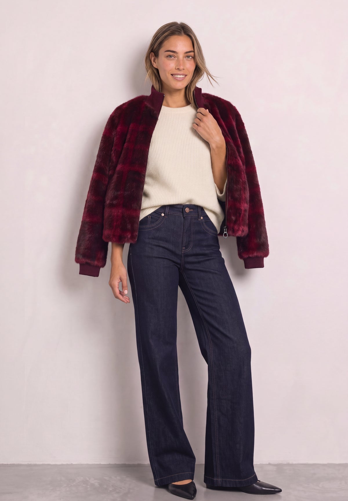 Fake Fur Blouson mit Strickdetails und Print