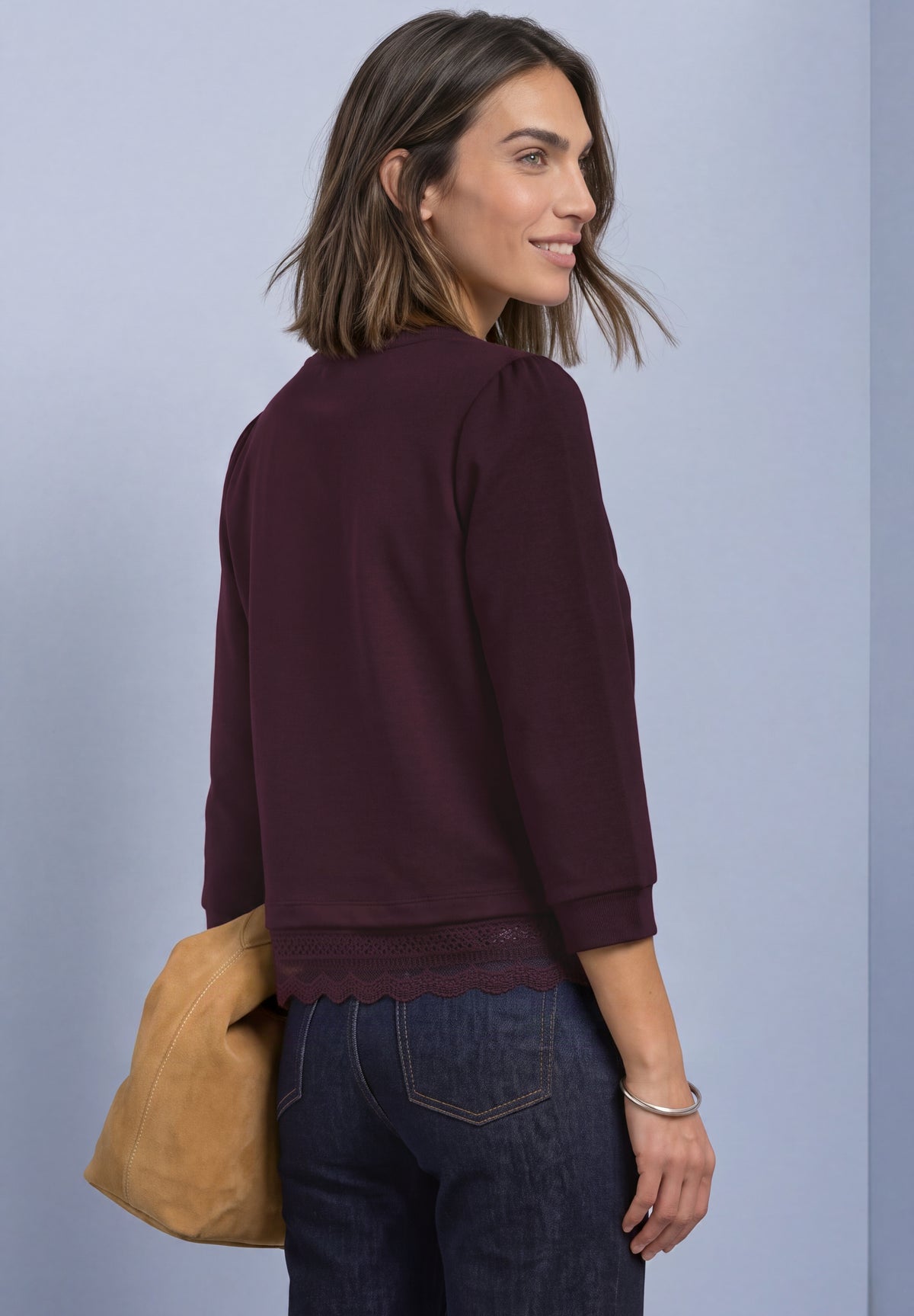 3/4-Arm Shirt mit Spitzenkante am Saum